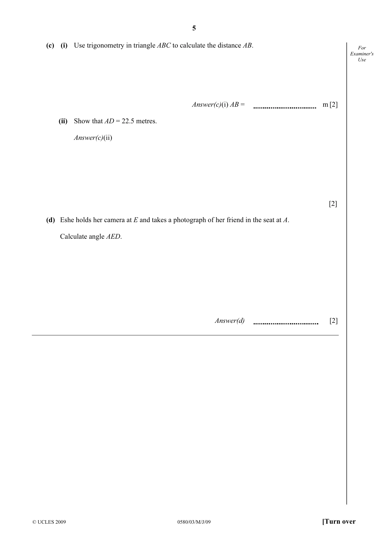 Cambridge IGCSE Mathematics (with coursework) 0581 2009 May/June Paper 3 · Variant 1 question paper, page 5 of 16