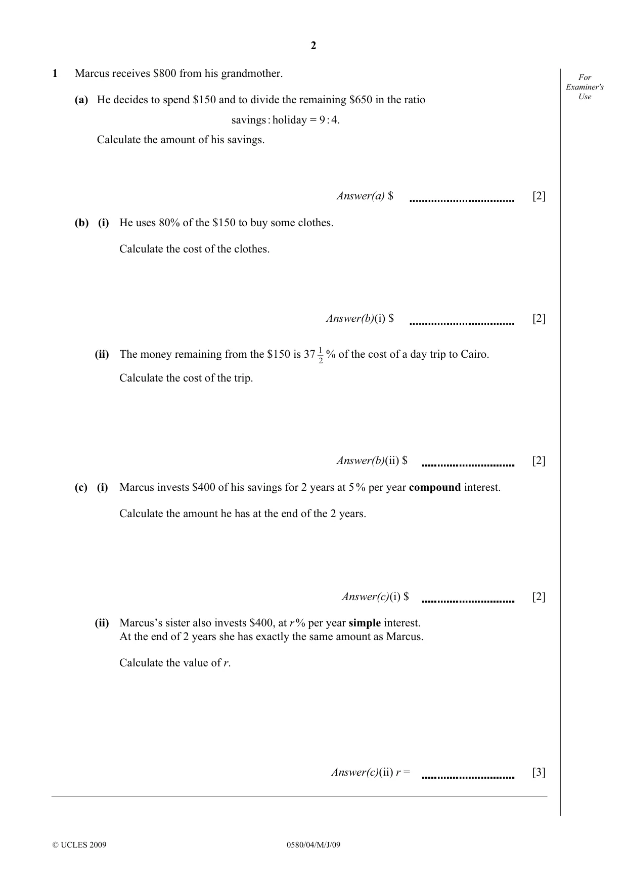Cambridge IGCSE Mathematics (with coursework) 0581 2009 May/June Paper 4 · Variant 1 question paper, page 2 of 20