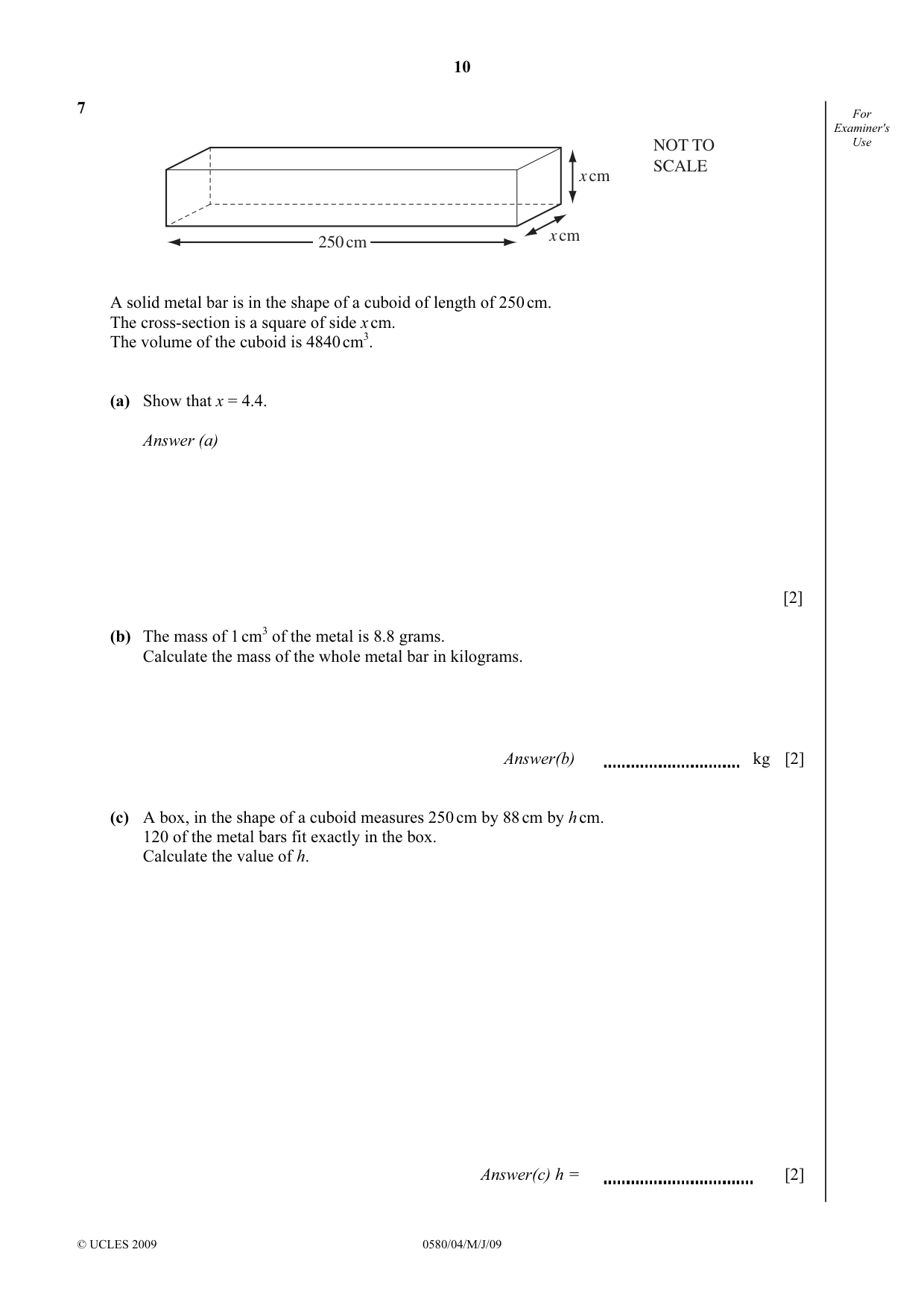 Cambridge IGCSE Mathematics (with coursework) 0581 2009 May/June Paper 4 · Variant 1 question paper, page 10 of 20