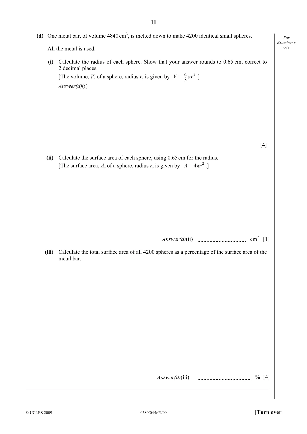 Cambridge IGCSE Mathematics (with coursework) 0581 2009 May/June Paper 4 · Variant 1 question paper, page 11 of 20