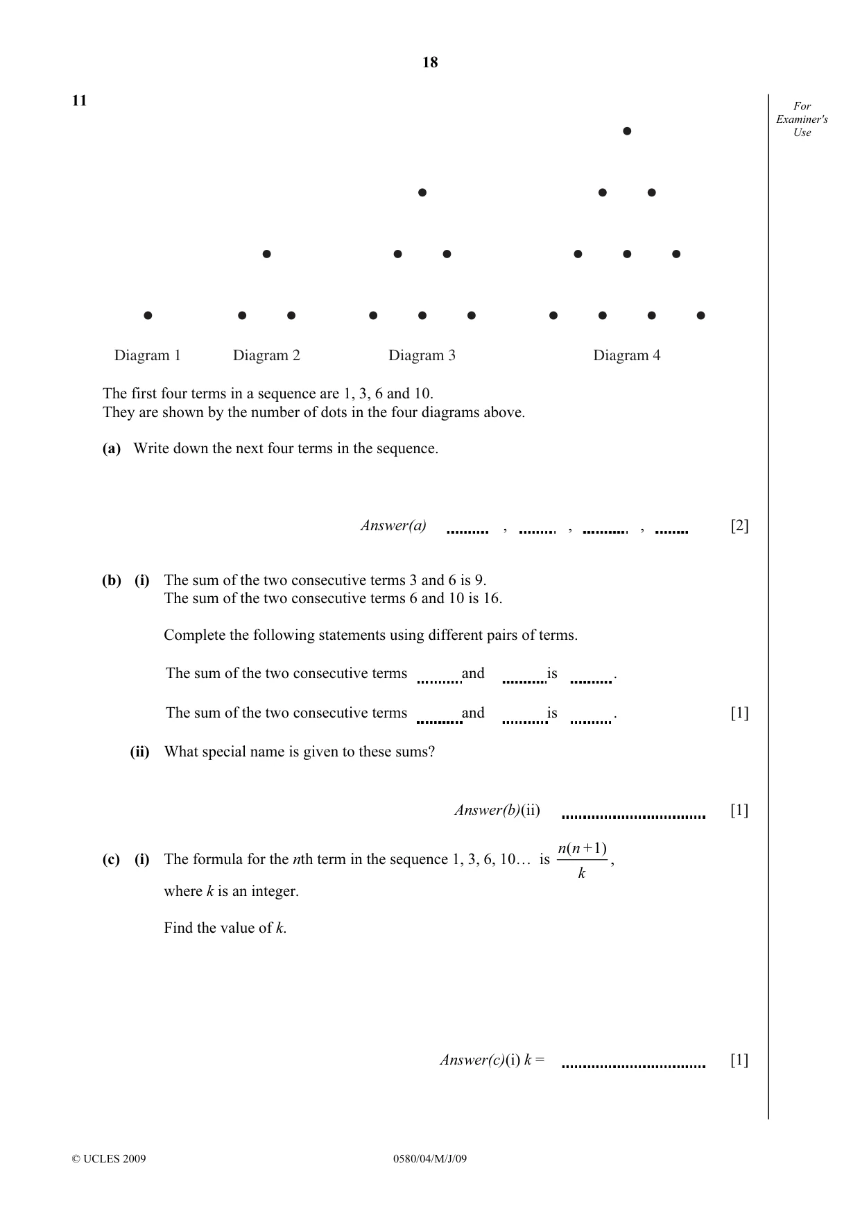 Cambridge IGCSE Mathematics (with coursework) 0581 2009 May/June Paper 4 · Variant 1 question paper, page 18 of 20