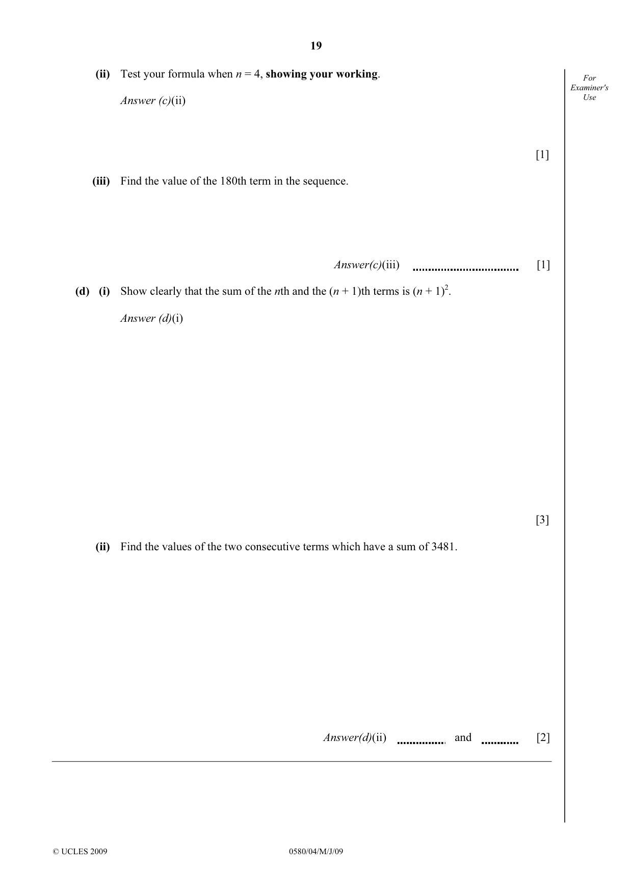 Cambridge IGCSE Mathematics (with coursework) 0581 2009 May/June Paper 4 · Variant 1 question paper, page 19 of 20