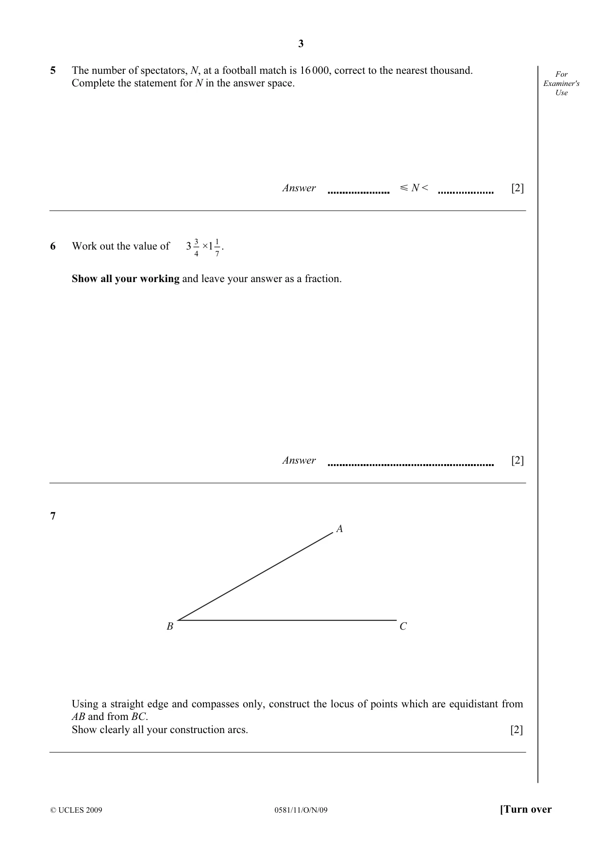 Cambridge IGCSE Mathematics (with coursework) 0581 2009 Oct/Nov Paper 1 · Variant 1 question paper, page 3 of 12