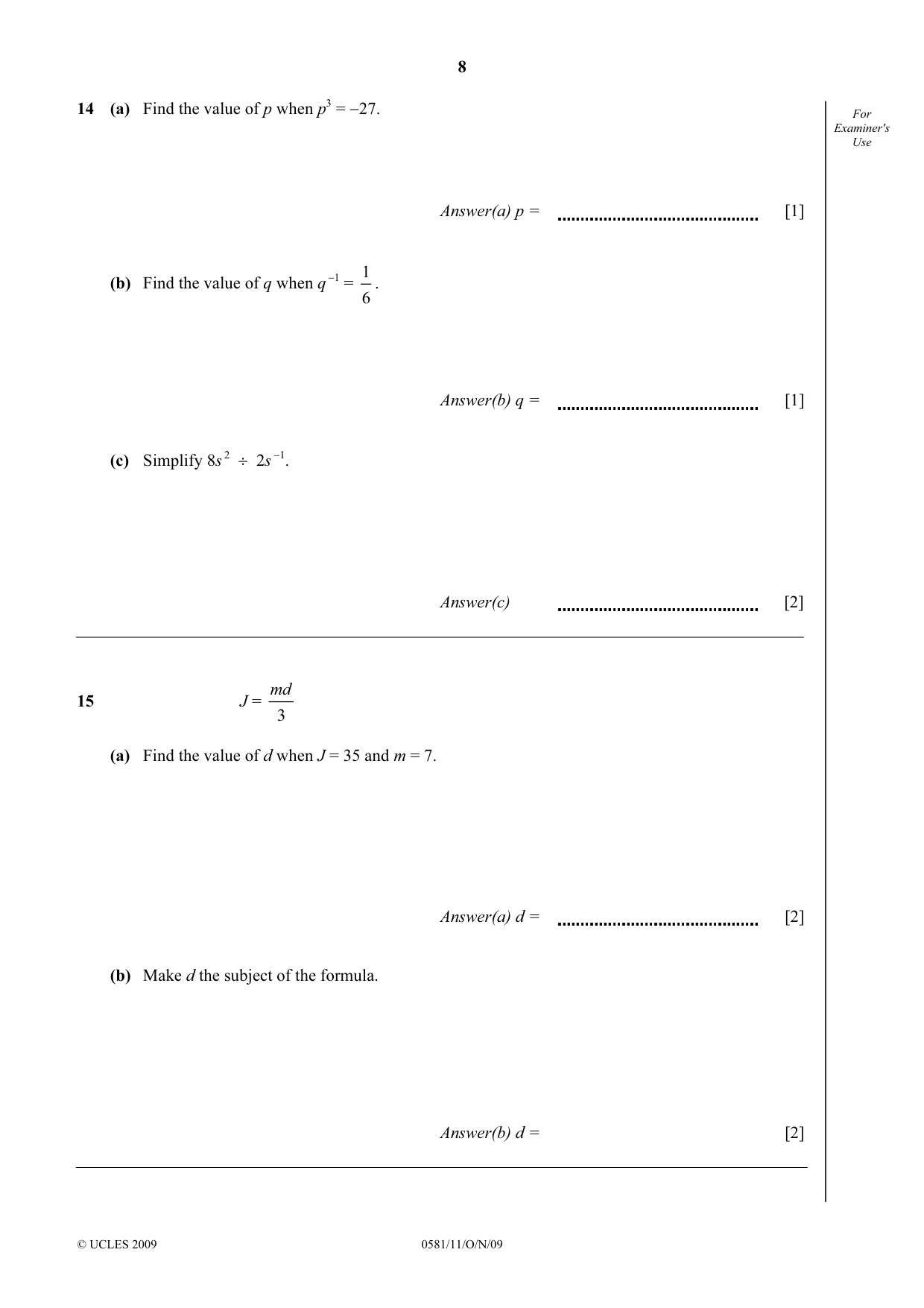 Cambridge IGCSE Mathematics (with coursework) 0581 2009 Oct/Nov Paper 1 · Variant 1 question paper, page 8 of 12