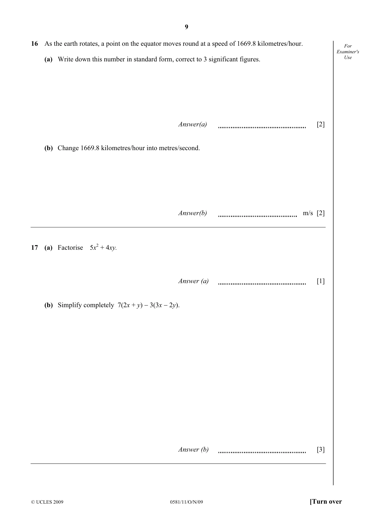 Cambridge IGCSE Mathematics (with coursework) 0581 2009 Oct/Nov Paper 1 · Variant 1 question paper, page 9 of 12