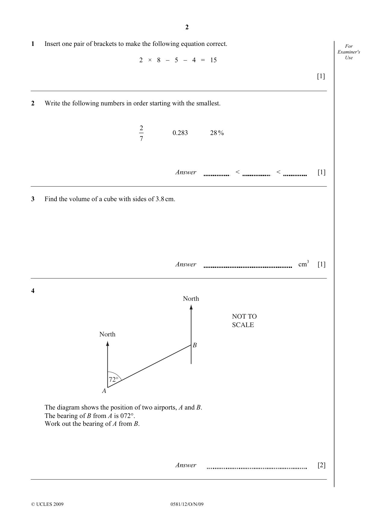 Cambridge IGCSE Mathematics (with coursework) 0581 2009 Oct/Nov Paper 1 · Variant 2 question paper, page 2 of 12
