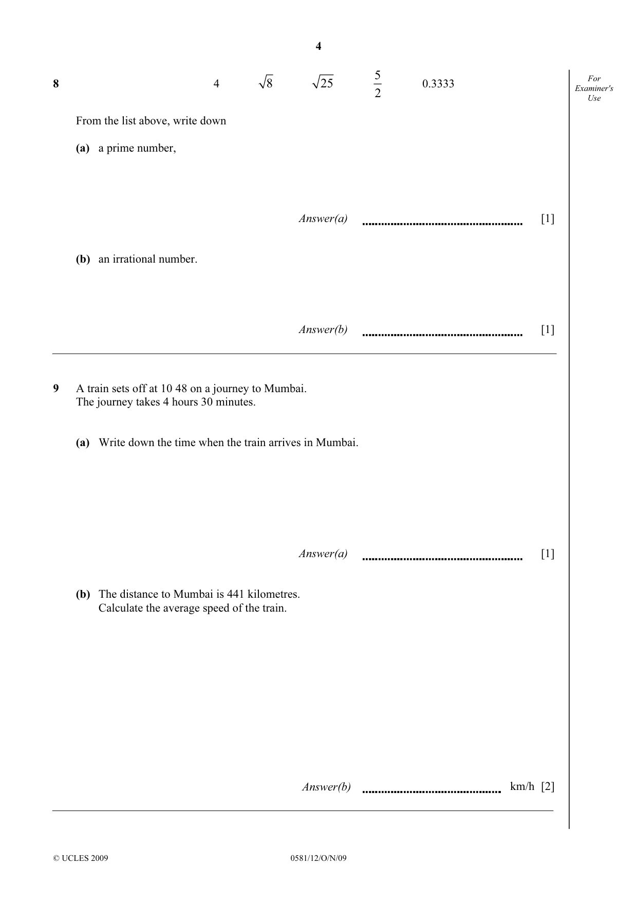 Cambridge IGCSE Mathematics (with coursework) 0581 2009 Oct/Nov Paper 1 · Variant 2 question paper, page 4 of 12