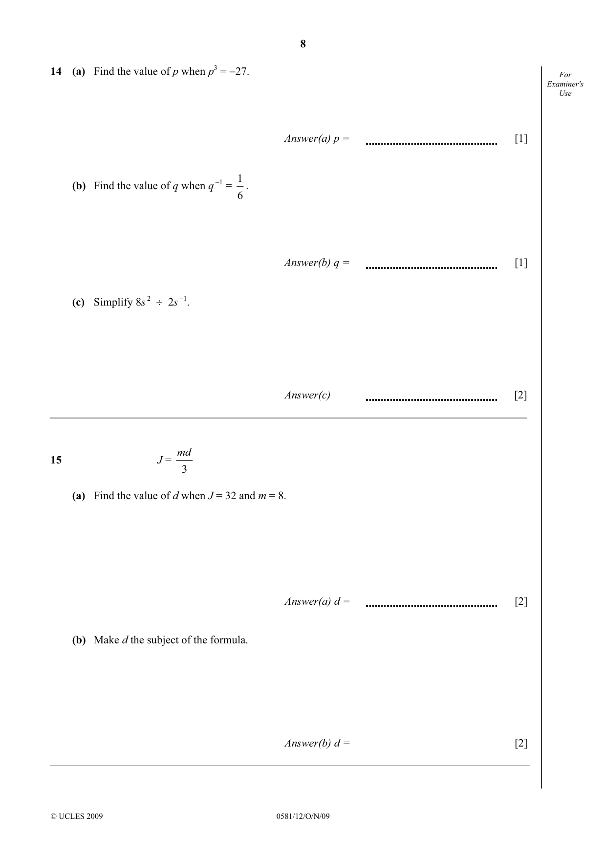 Cambridge IGCSE Mathematics (with coursework) 0581 2009 Oct/Nov Paper 1 · Variant 2 question paper, page 8 of 12