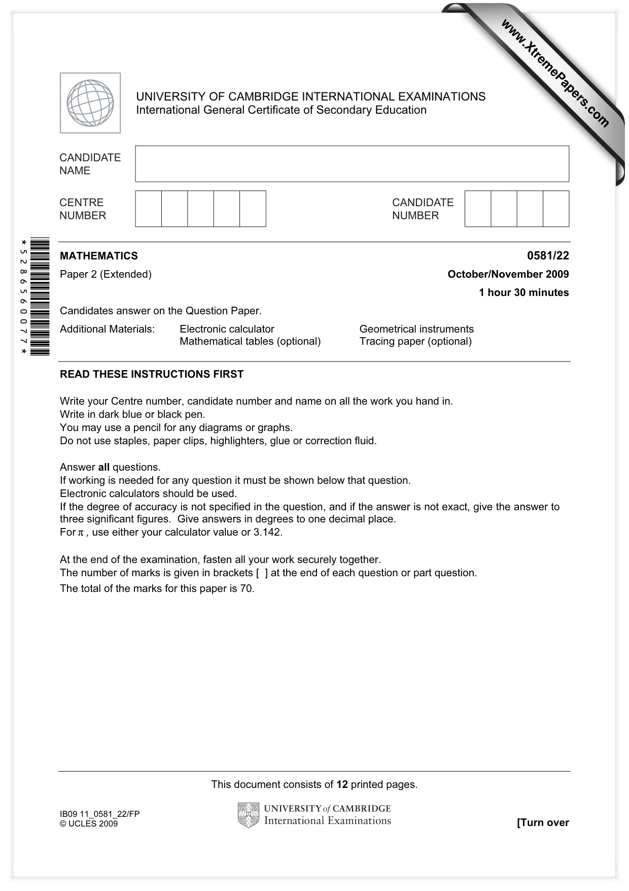 Cambridge IGCSE Mathematics (with coursework) 0581 2009 Oct/Nov Paper 2 · Variant 2 question paper, page 1 of 12
