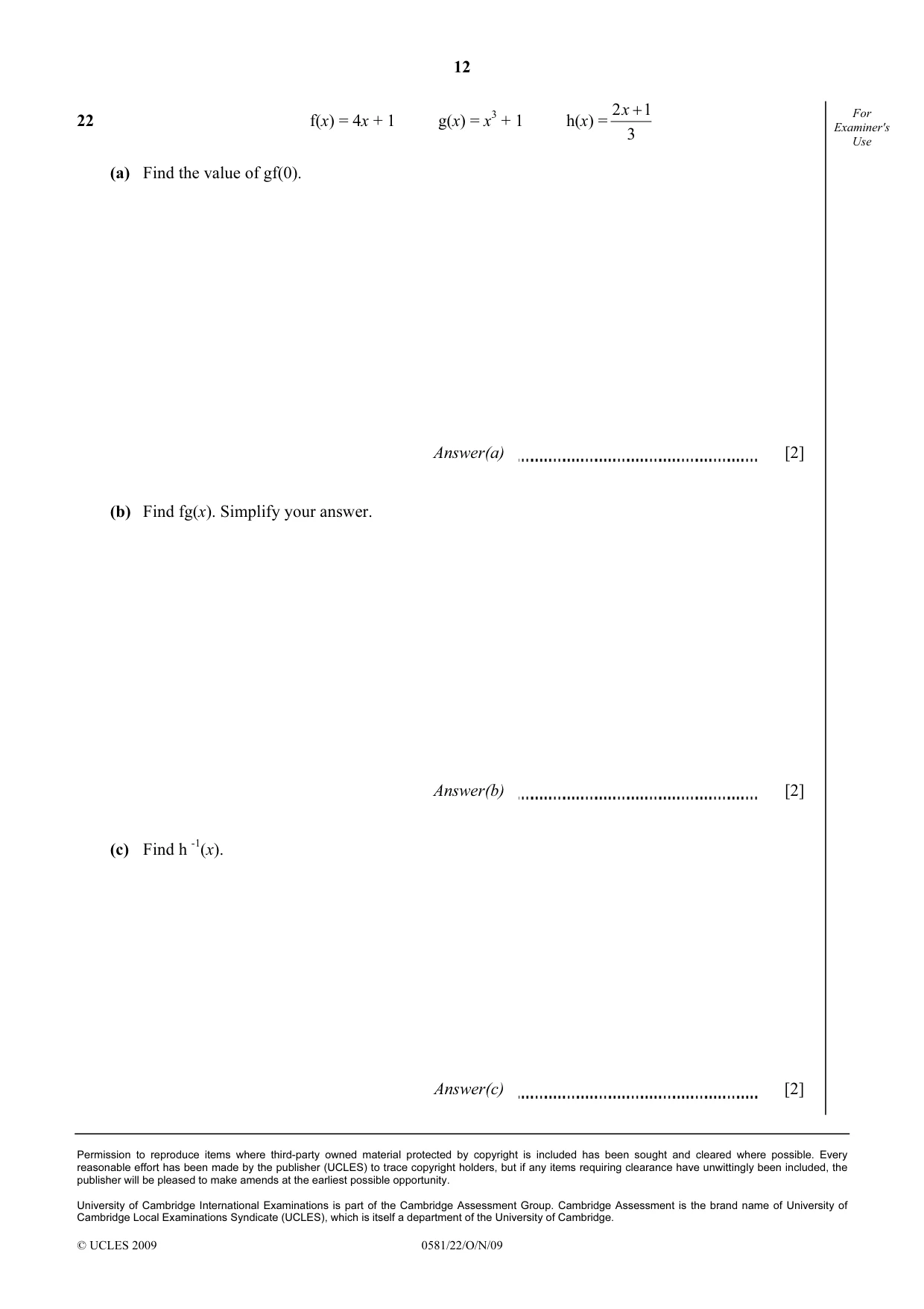 Cambridge IGCSE Mathematics (with coursework) 0581 2009 Oct/Nov Paper 2 · Variant 2 question paper, page 12 of 12