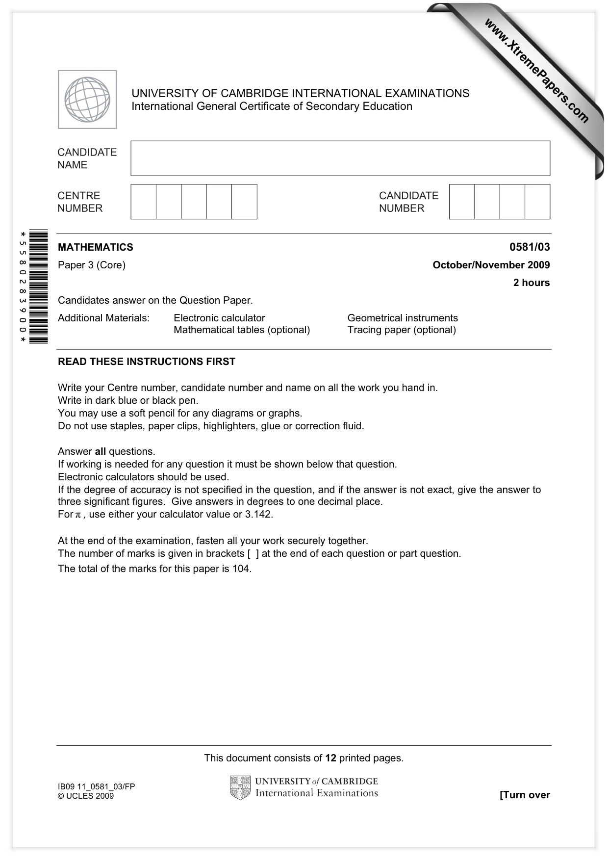 Cambridge IGCSE Mathematics (with coursework) 0581 2009 Oct/Nov Paper 3 · Variant 1 question paper, page 1 of 12