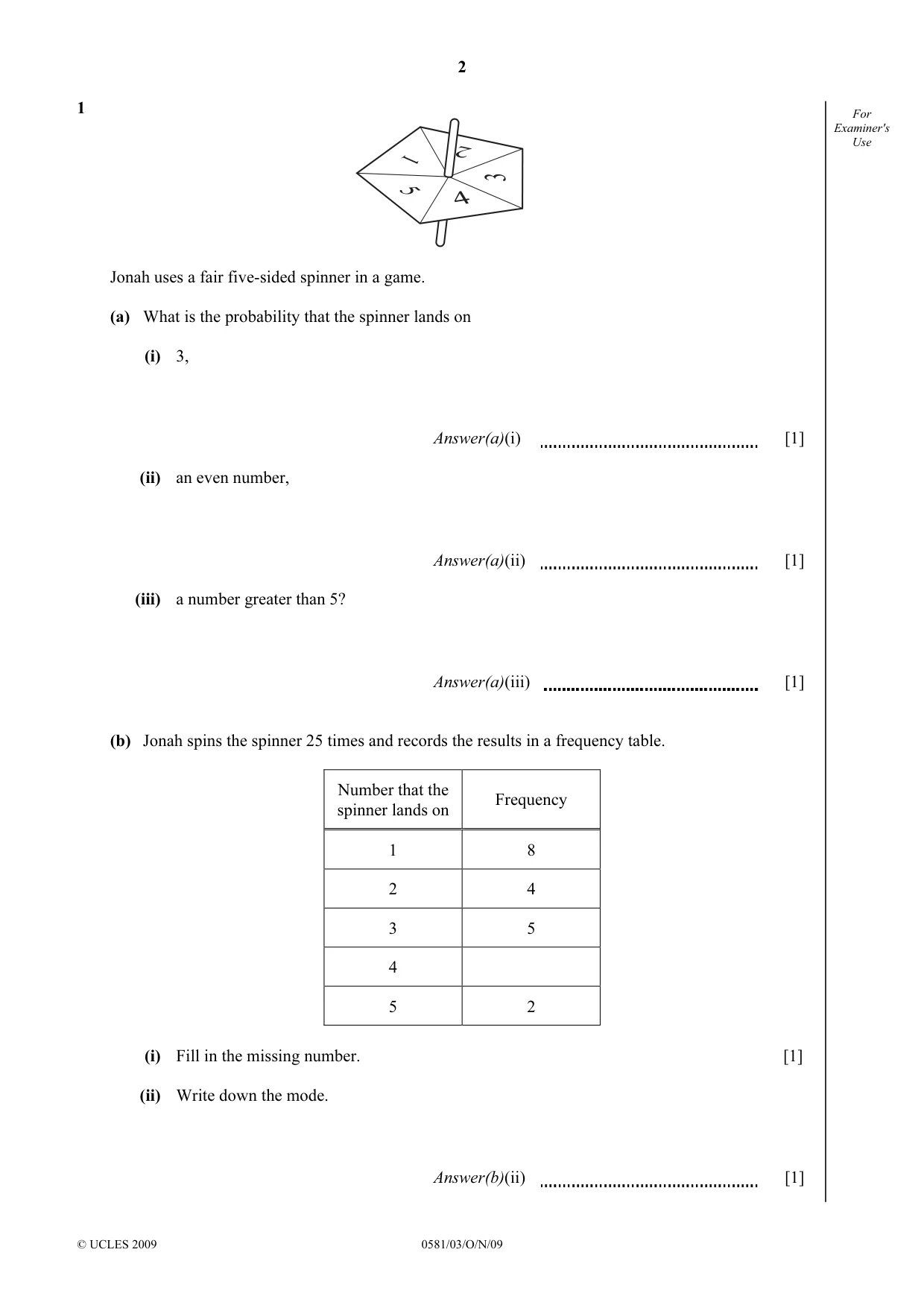 Cambridge IGCSE Mathematics (with coursework) 0581 2009 Oct/Nov Paper 3 · Variant 1 question paper, page 2 of 12