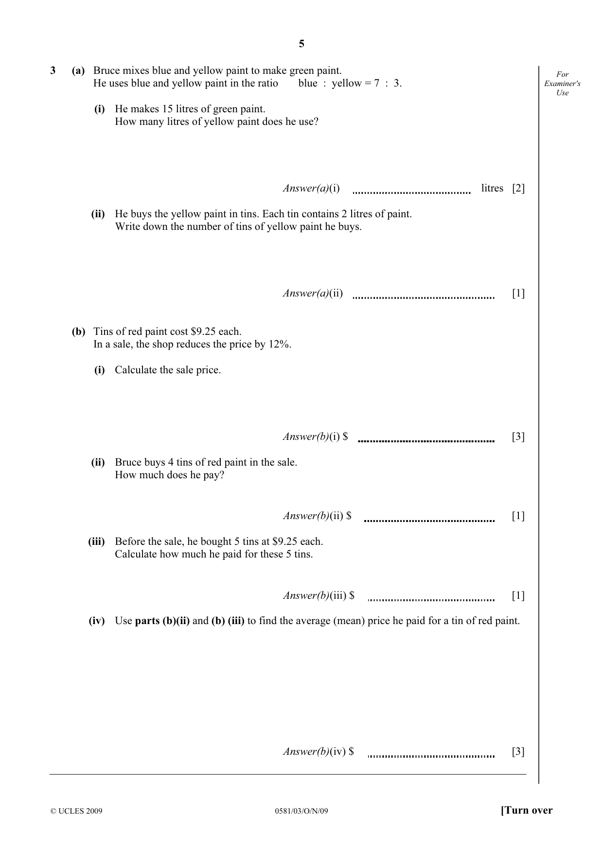Cambridge IGCSE Mathematics (with coursework) 0581 2009 Oct/Nov Paper 3 · Variant 1 question paper, page 5 of 12