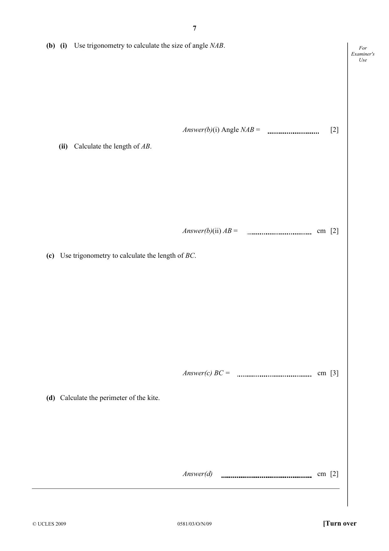 Cambridge IGCSE Mathematics (with coursework) 0581 2009 Oct/Nov Paper 3 · Variant 1 question paper, page 7 of 12