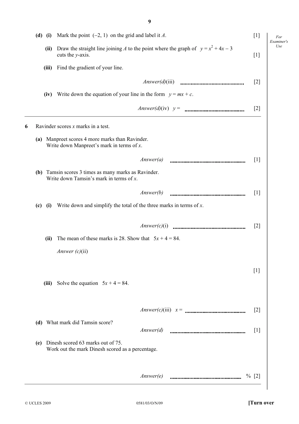 Cambridge IGCSE Mathematics (with coursework) 0581 2009 Oct/Nov Paper 3 · Variant 1 question paper, page 9 of 12