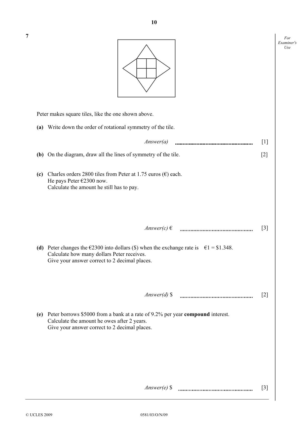 Cambridge IGCSE Mathematics (with coursework) 0581 2009 Oct/Nov Paper 3 · Variant 1 question paper, page 10 of 12