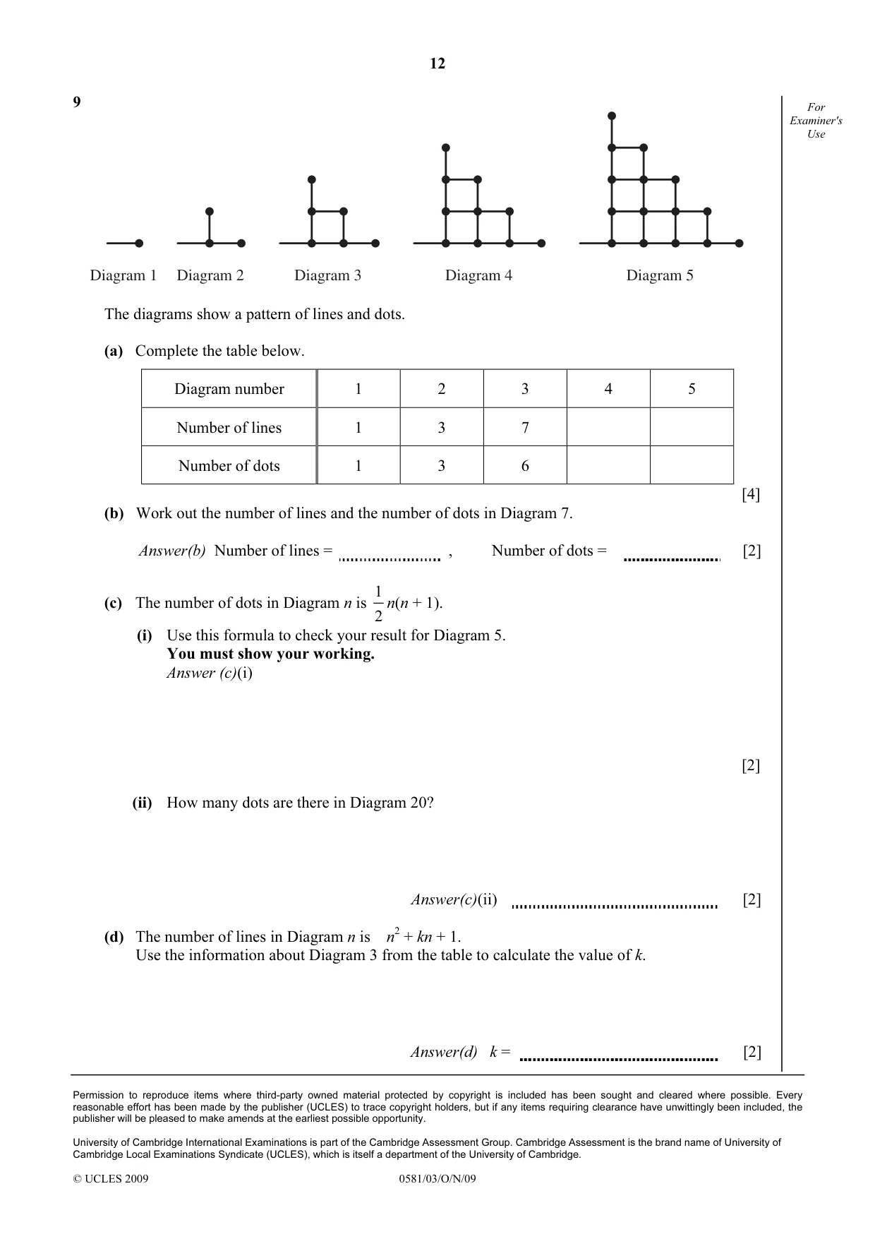 Cambridge IGCSE Mathematics (with coursework) 0581 2009 Oct/Nov Paper 3 · Variant 1 question paper, page 12 of 12
