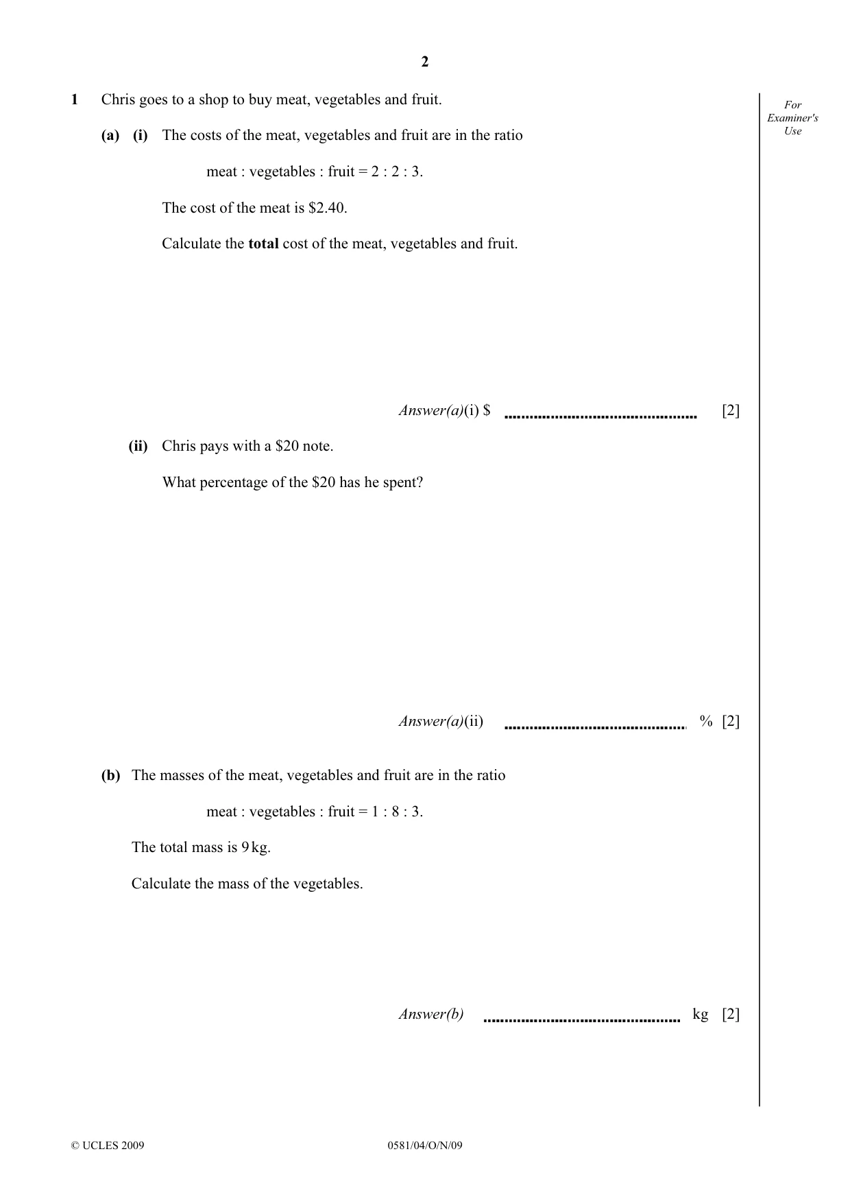 Cambridge IGCSE Mathematics (with coursework) 0581 2009 Oct/Nov Paper 4 · Variant 1 question paper, page 2 of 24