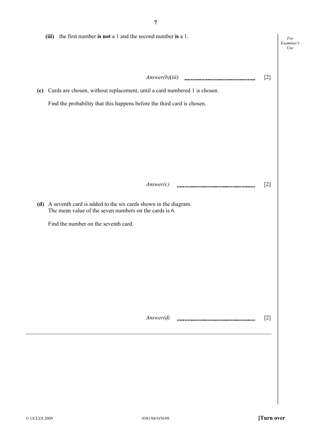 Cambridge IGCSE Mathematics (with coursework) 0581 2009 Oct/Nov Paper 4 · Variant 1 question paper, page 7 of 24