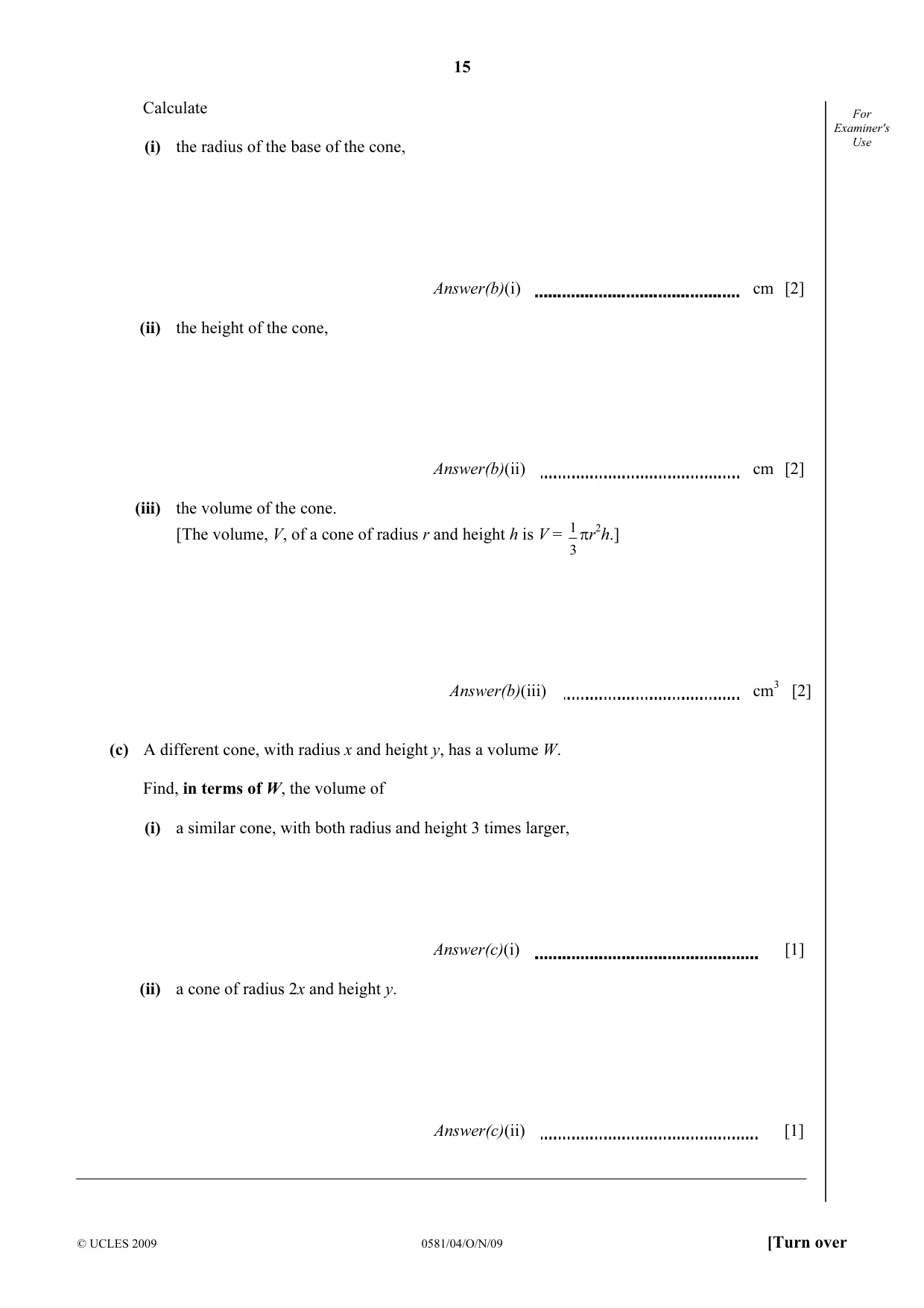 Cambridge IGCSE Mathematics (with coursework) 0581 2009 Oct/Nov Paper 4 · Variant 1 question paper, page 15 of 24