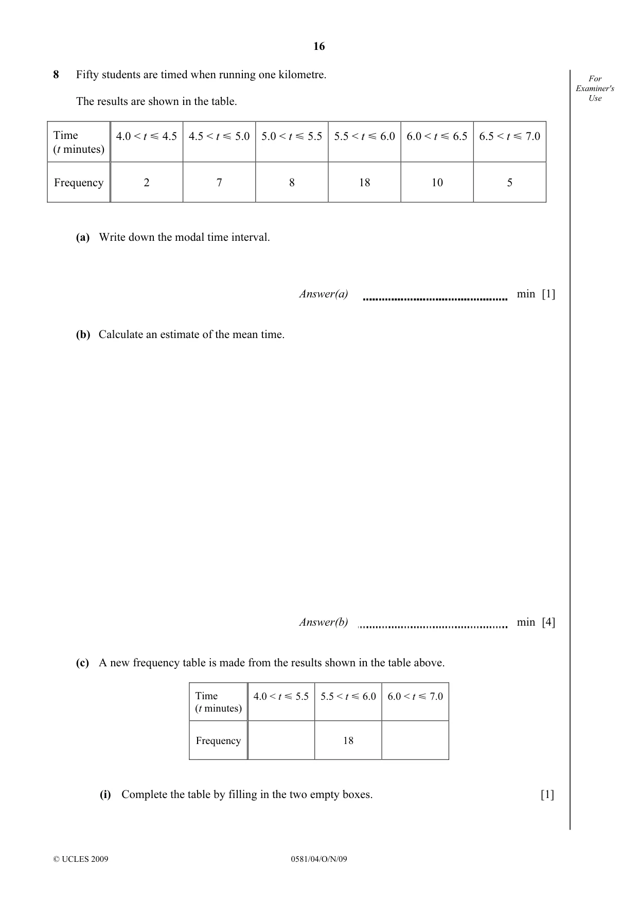 Cambridge IGCSE Mathematics (with coursework) 0581 2009 Oct/Nov Paper 4 · Variant 1 question paper, page 16 of 24