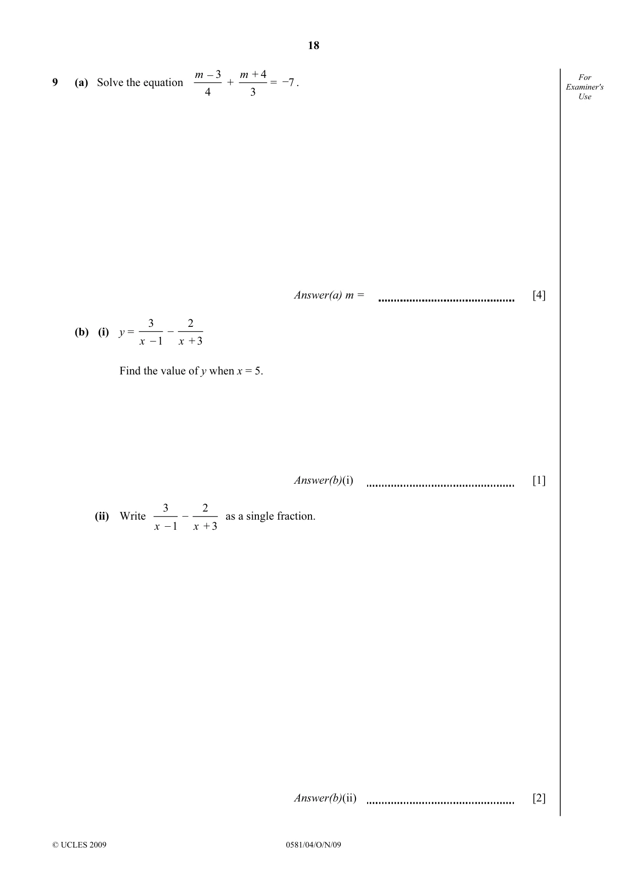 Cambridge IGCSE Mathematics (with coursework) 0581 2009 Oct/Nov Paper 4 · Variant 1 question paper, page 18 of 24