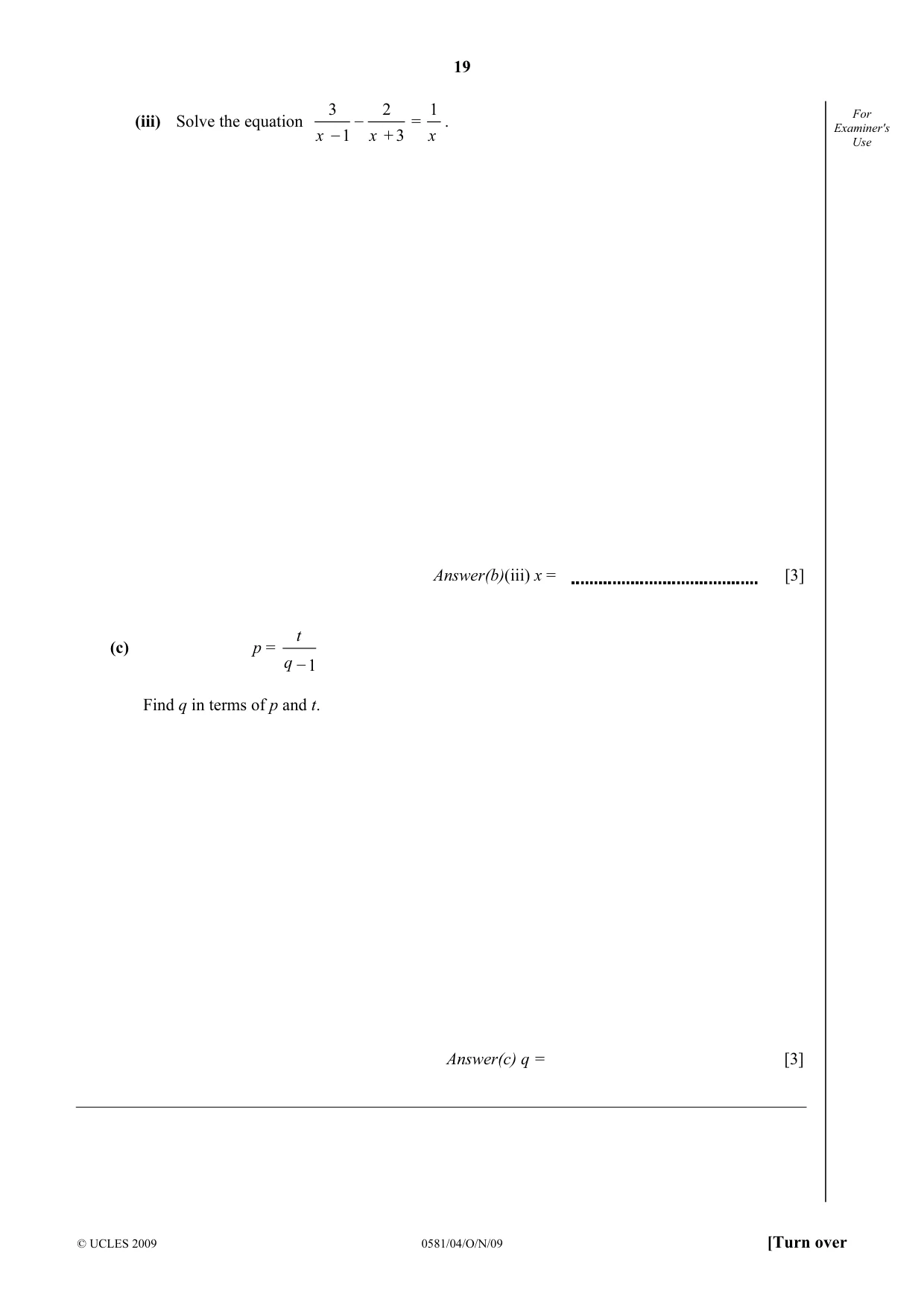 Cambridge IGCSE Mathematics (with coursework) 0581 2009 Oct/Nov Paper 4 · Variant 1 question paper, page 19 of 24