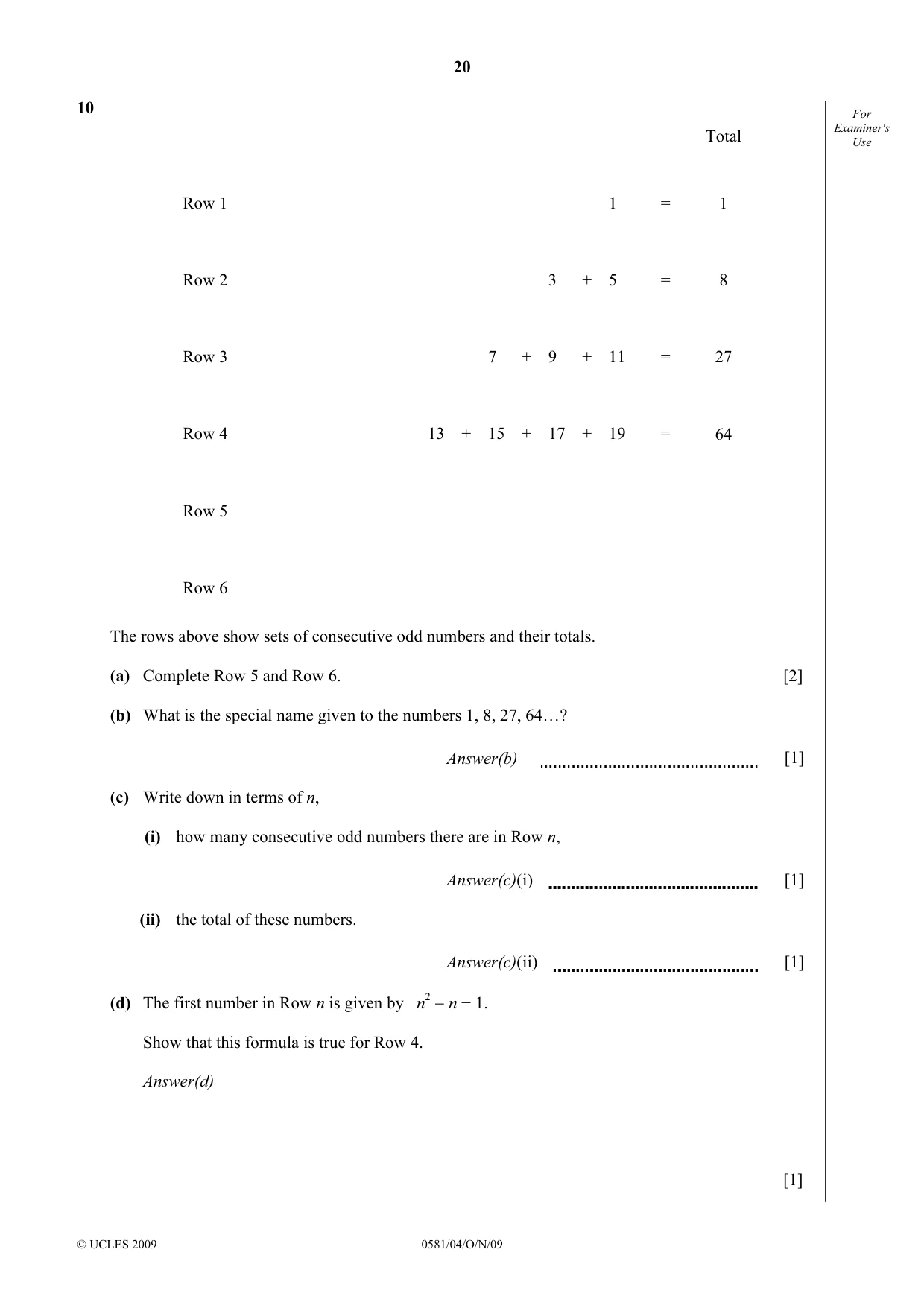 Cambridge IGCSE Mathematics (with coursework) 0581 2009 Oct/Nov Paper 4 · Variant 1 question paper, page 20 of 24