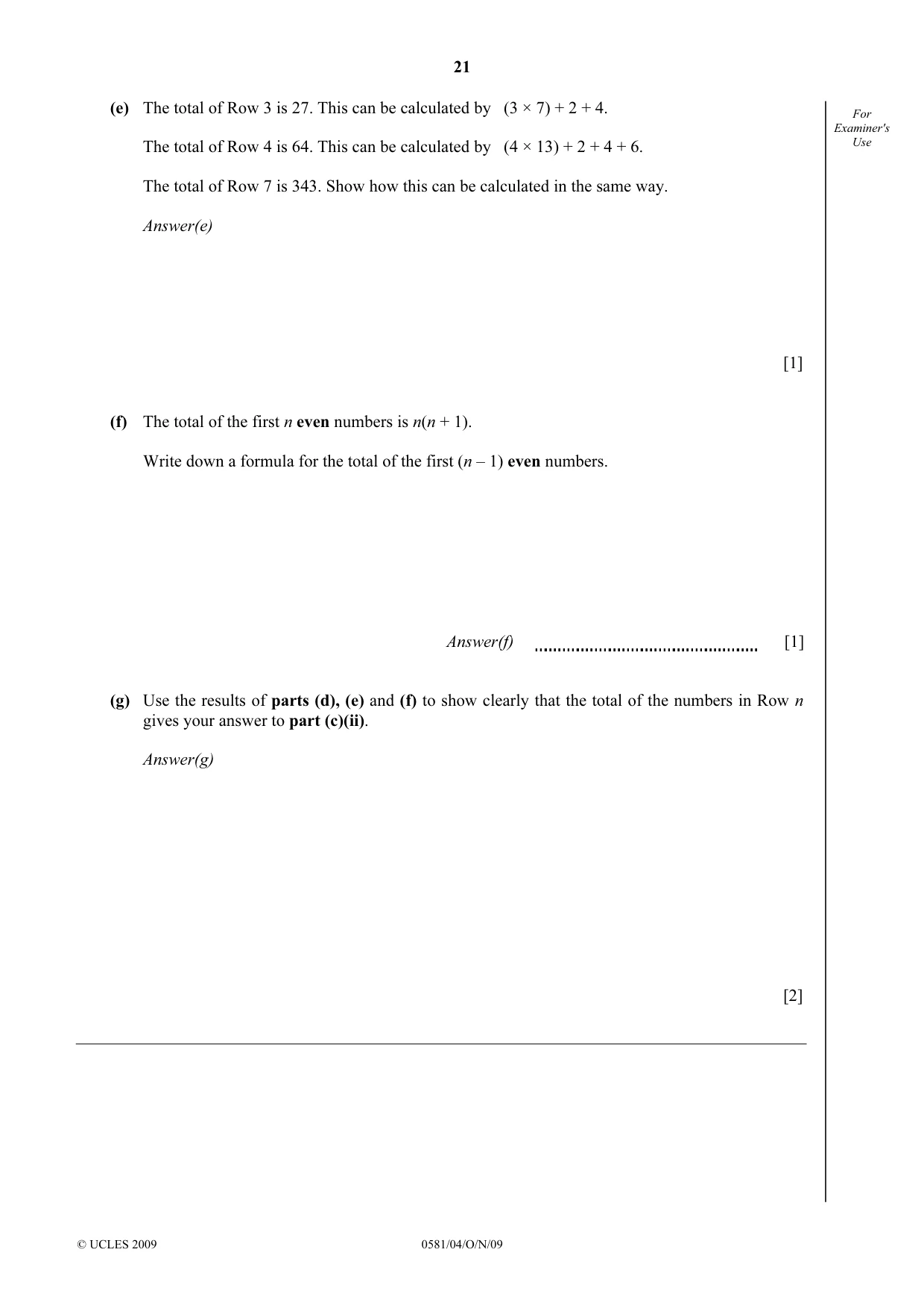 Cambridge IGCSE Mathematics (with coursework) 0581 2009 Oct/Nov Paper 4 · Variant 1 question paper, page 21 of 24