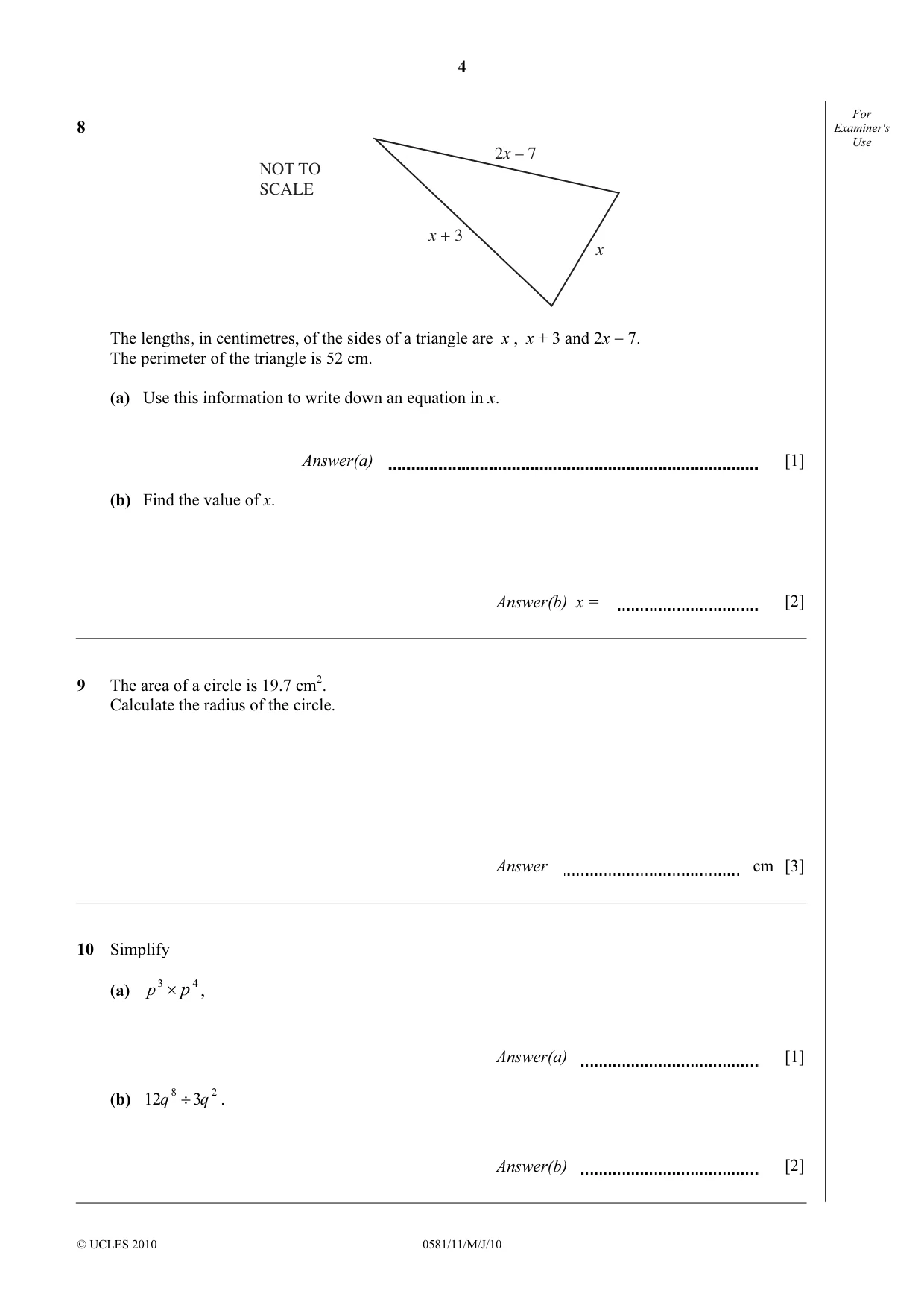 Cambridge IGCSE Mathematics (with coursework) 0581 2010 May/June Paper 1 · Variant 1 question paper, page 4 of 8