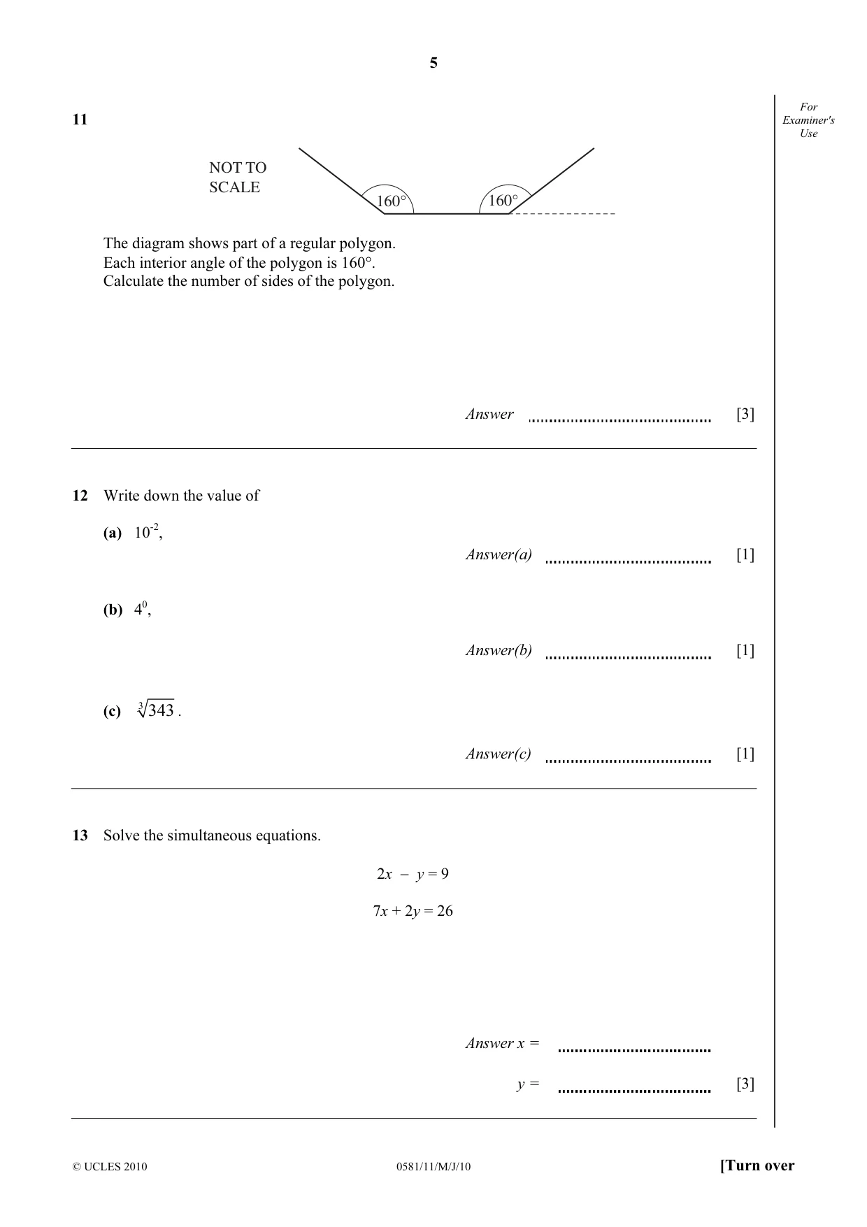 Cambridge IGCSE Mathematics (with coursework) 0581 2010 May/June Paper 1 · Variant 1 question paper, page 5 of 8