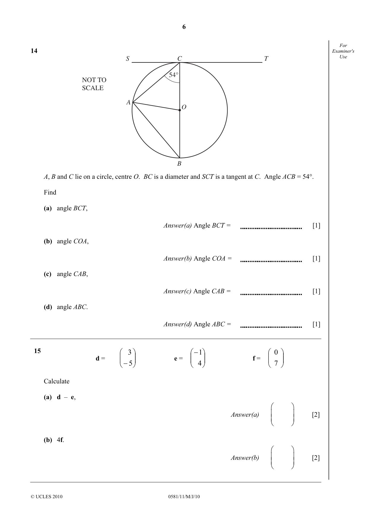 Cambridge IGCSE Mathematics (with coursework) 0581 2010 May/June Paper 1 · Variant 1 question paper, page 6 of 8