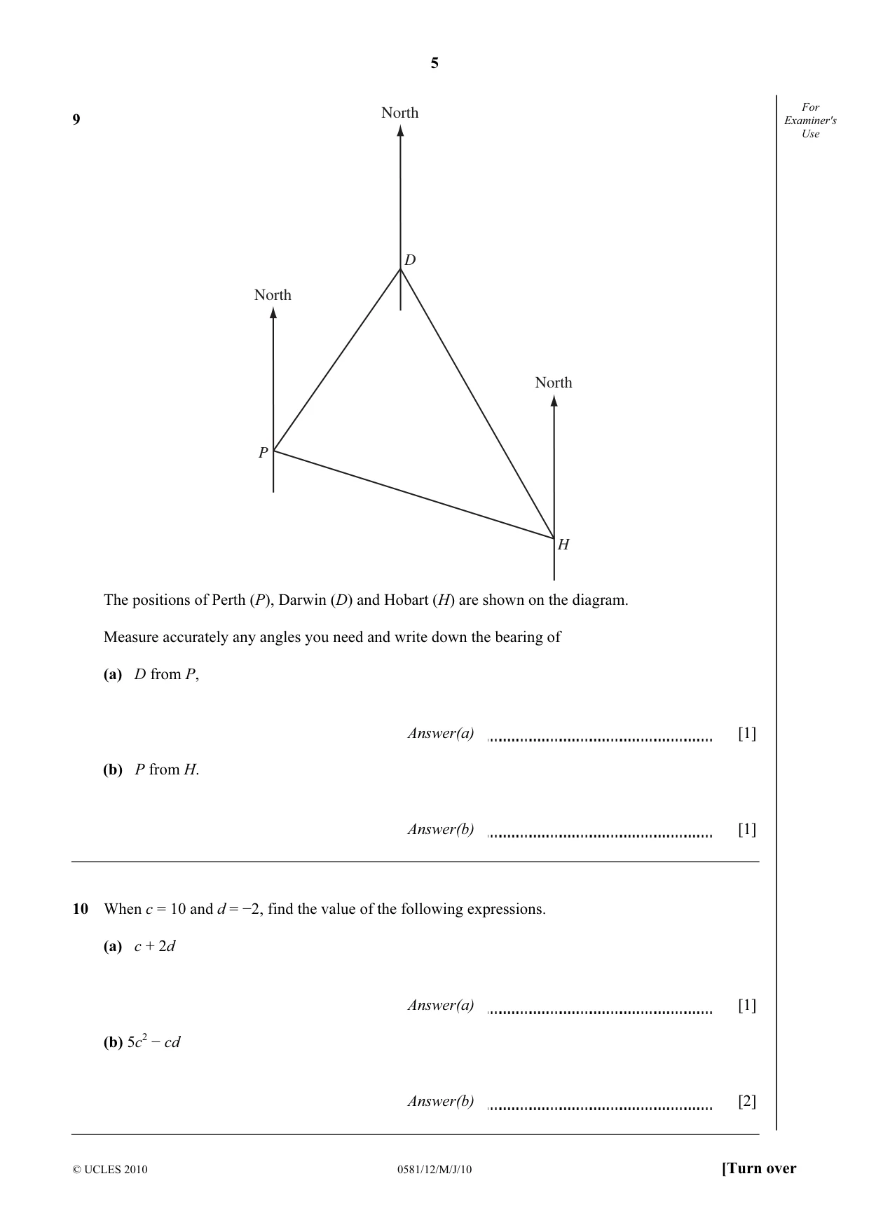 Cambridge IGCSE Mathematics (with coursework) 0581 2010 May/June Paper 1 · Variant 2 question paper, page 5 of 12