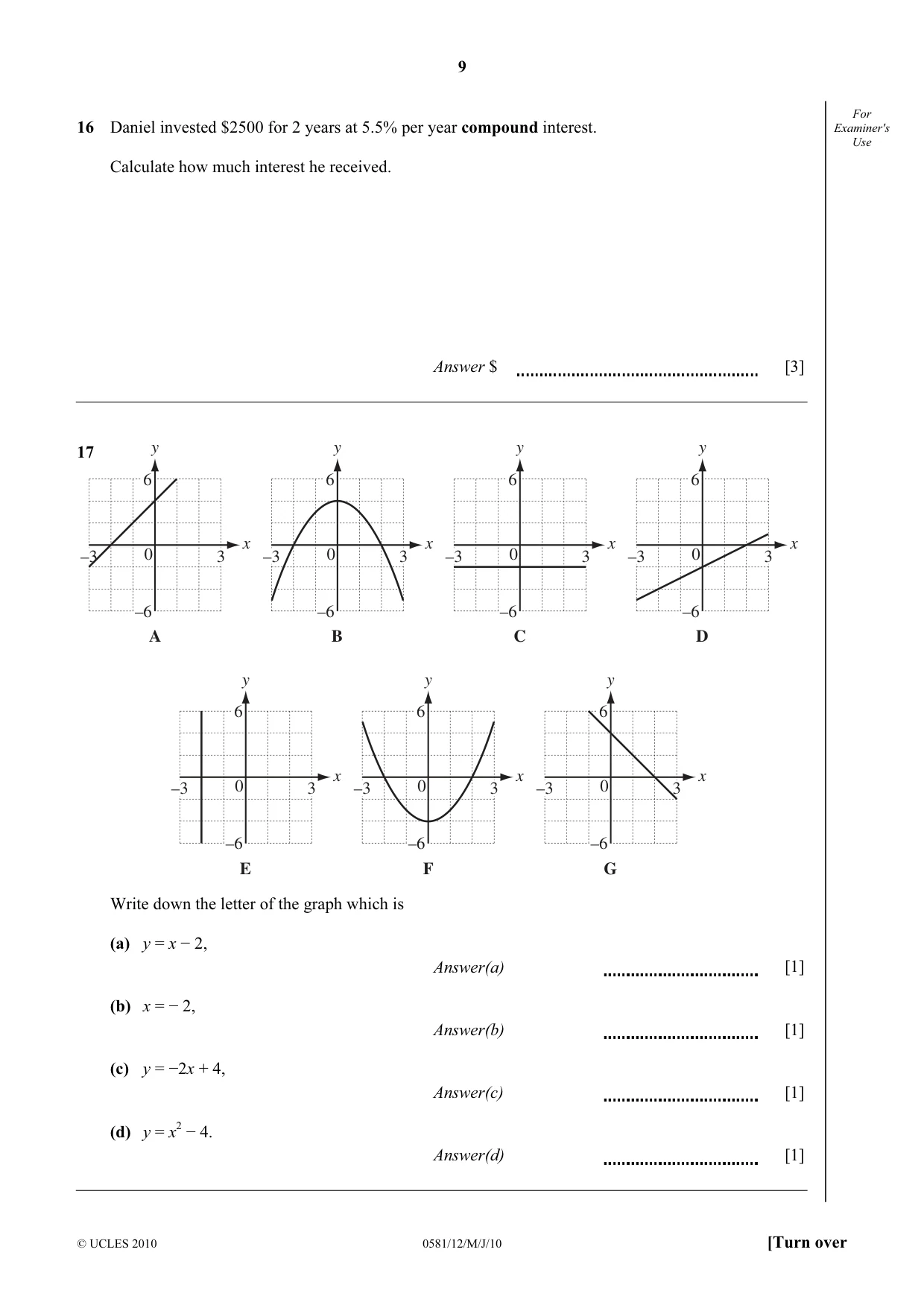 Cambridge IGCSE Mathematics (with coursework) 0581 2010 May/June Paper 1 · Variant 2 question paper, page 9 of 12