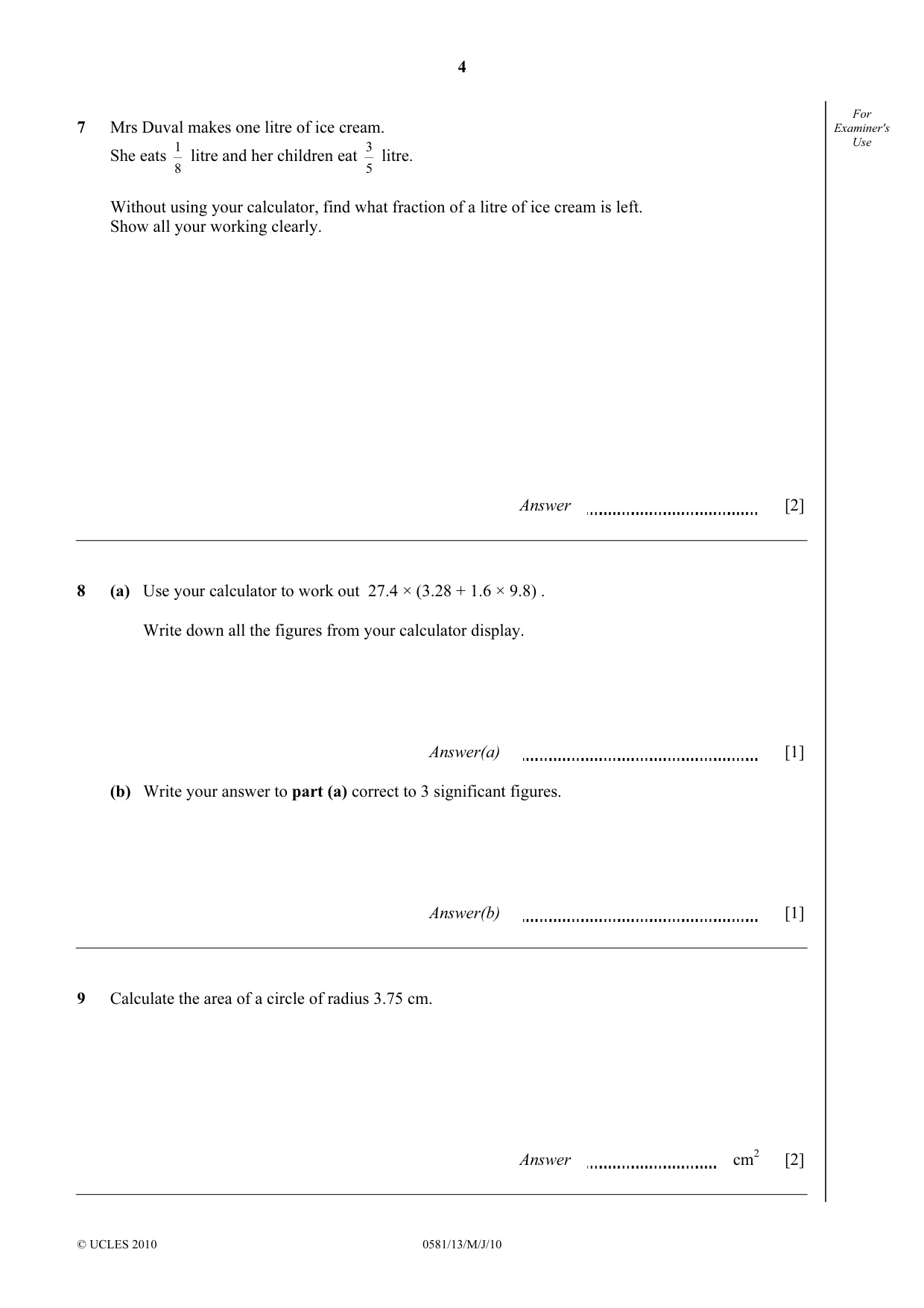 Cambridge IGCSE Mathematics (with coursework) 0581 2010 May/June Paper 1 · Variant 3 question paper, page 4 of 12