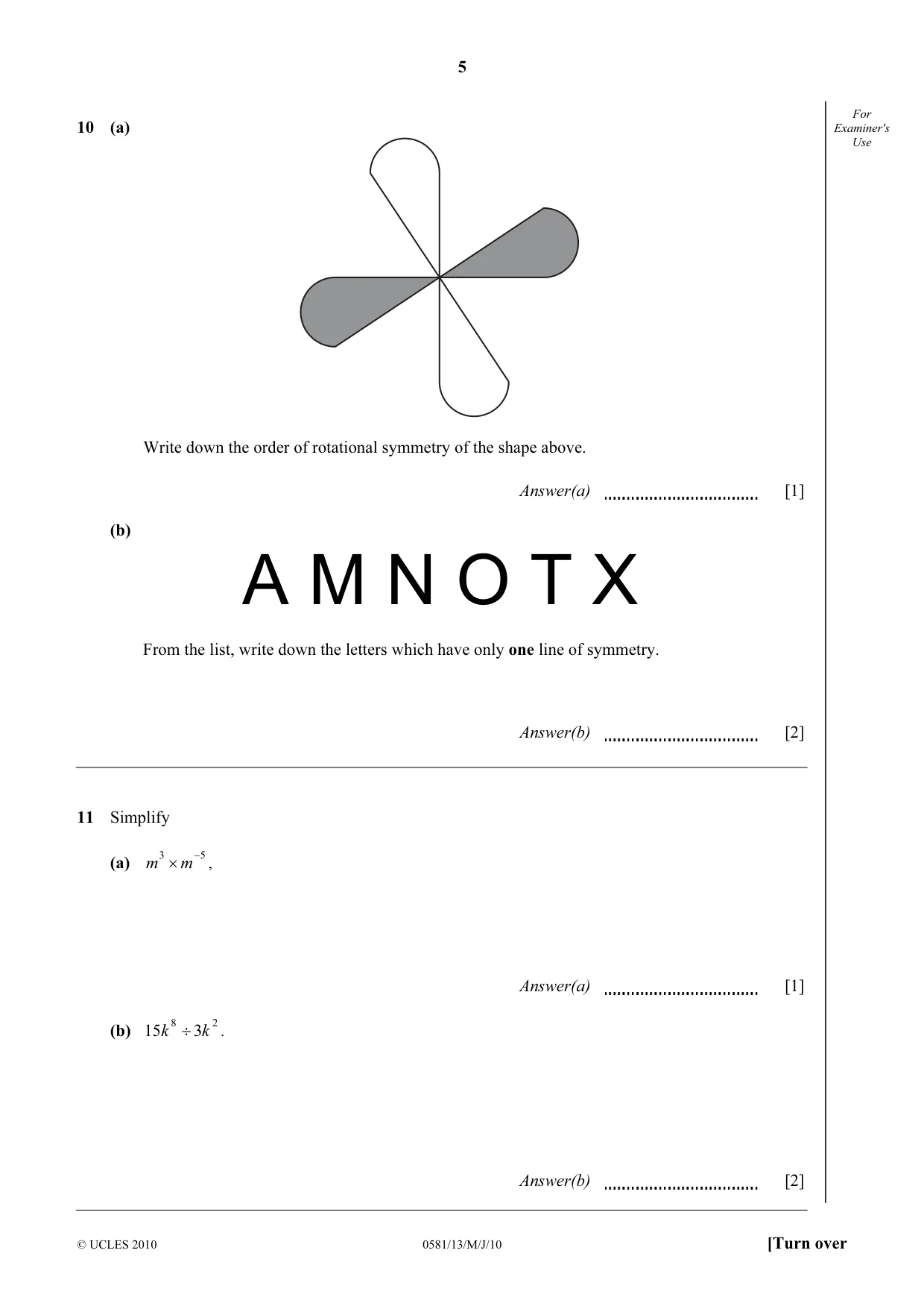 Cambridge IGCSE Mathematics (with coursework) 0581 2010 May/June Paper 1 · Variant 3 question paper, page 5 of 12