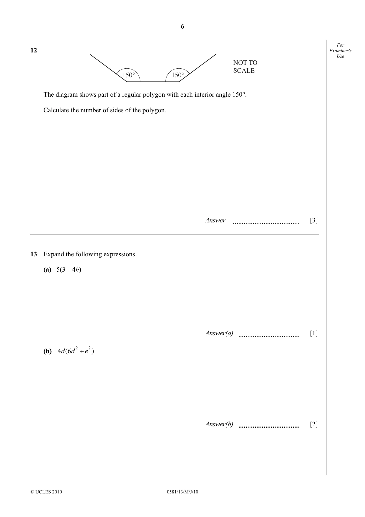 Cambridge IGCSE Mathematics (with coursework) 0581 2010 May/June Paper 1 · Variant 3 question paper, page 6 of 12