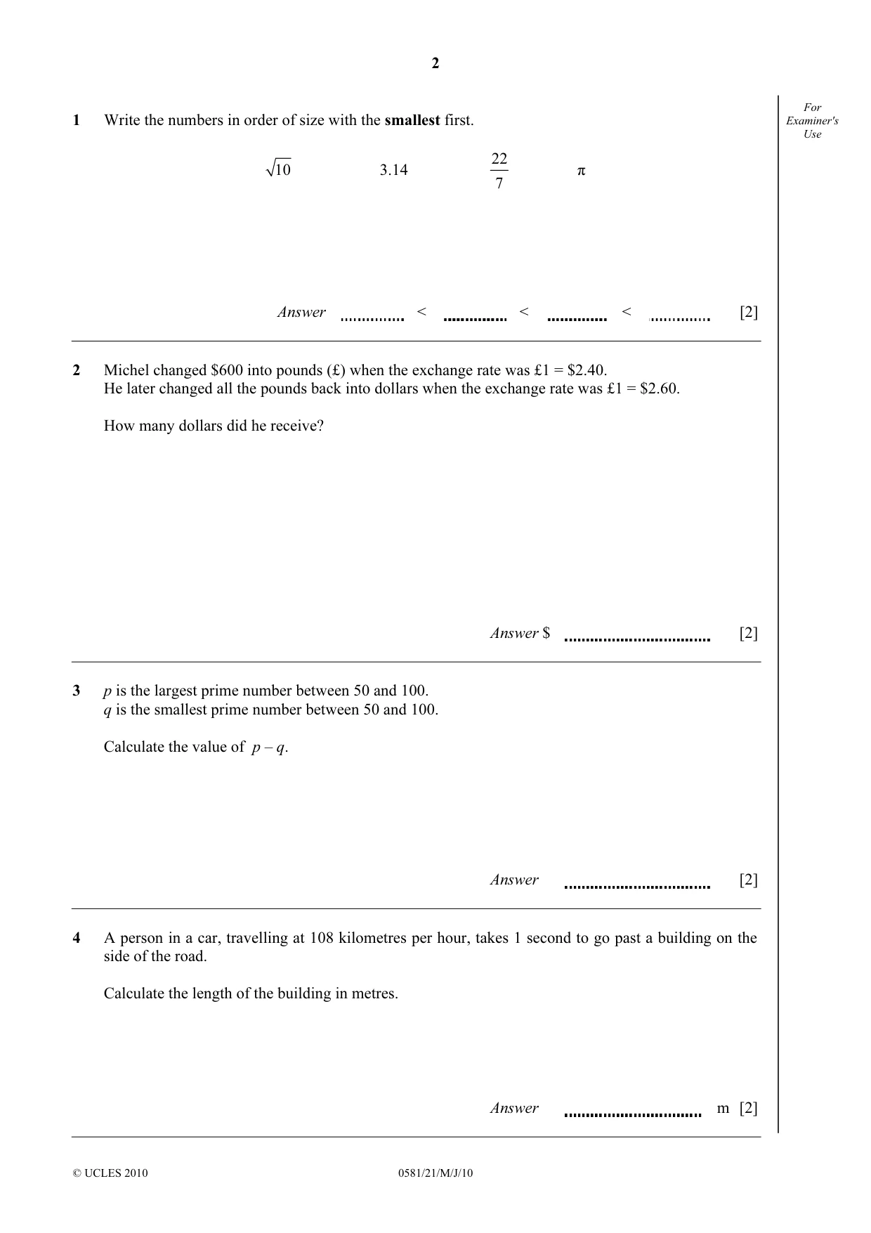 Cambridge IGCSE Mathematics (with coursework) 0581 2010 May/June Paper 2 · Variant 1 question paper, page 2 of 12