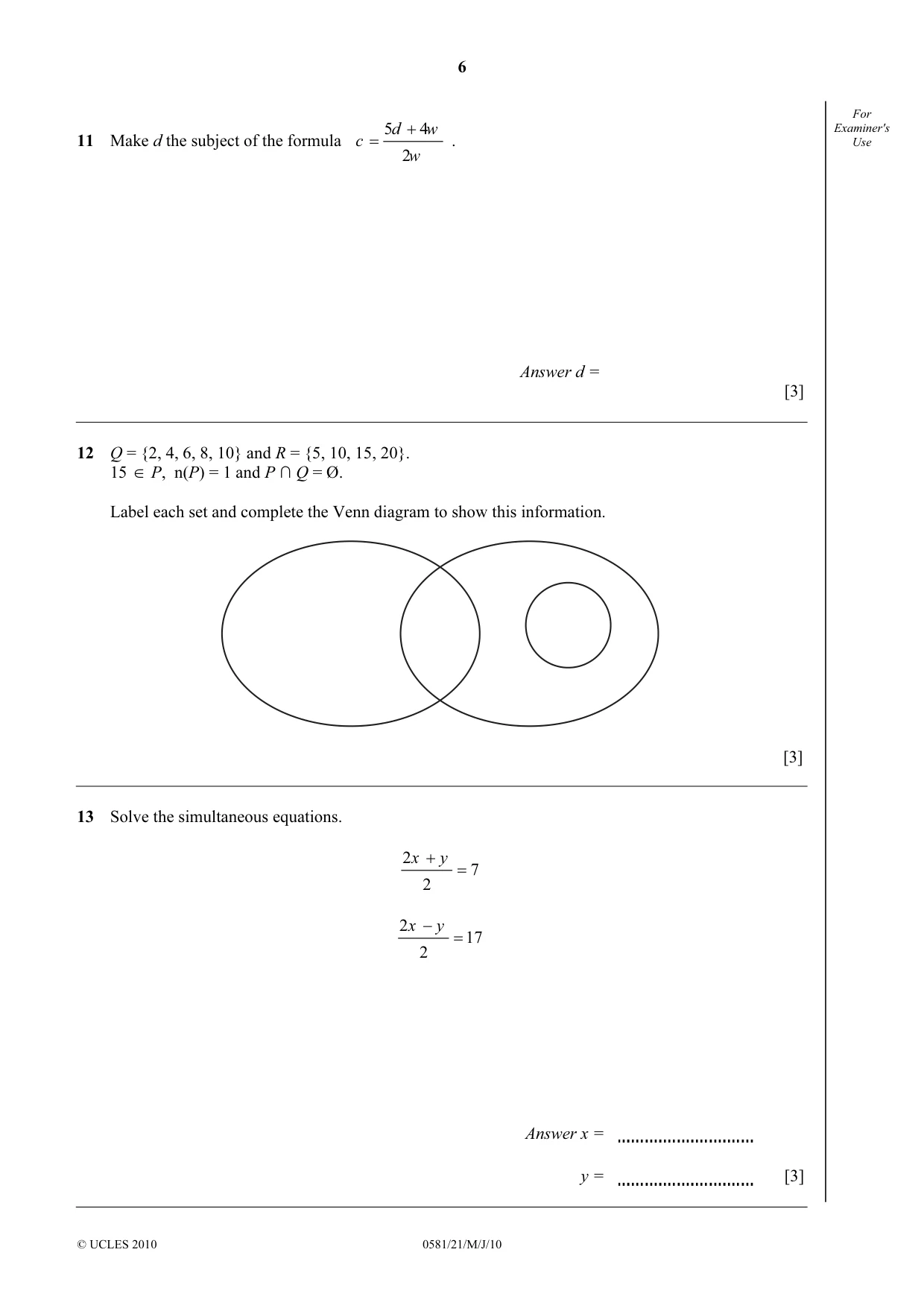 Cambridge IGCSE Mathematics (with coursework) 0581 2010 May/June Paper 2 · Variant 1 question paper, page 6 of 12