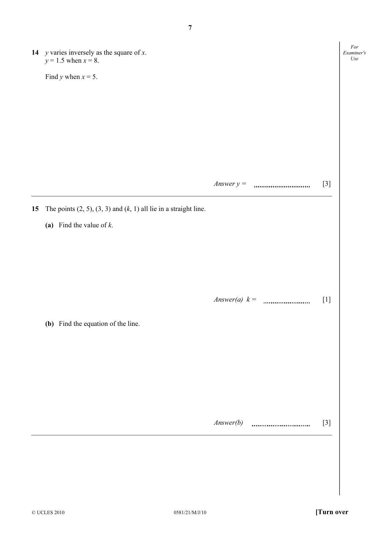 Cambridge IGCSE Mathematics (with coursework) 0581 2010 May/June Paper 2 · Variant 1 question paper, page 7 of 12
