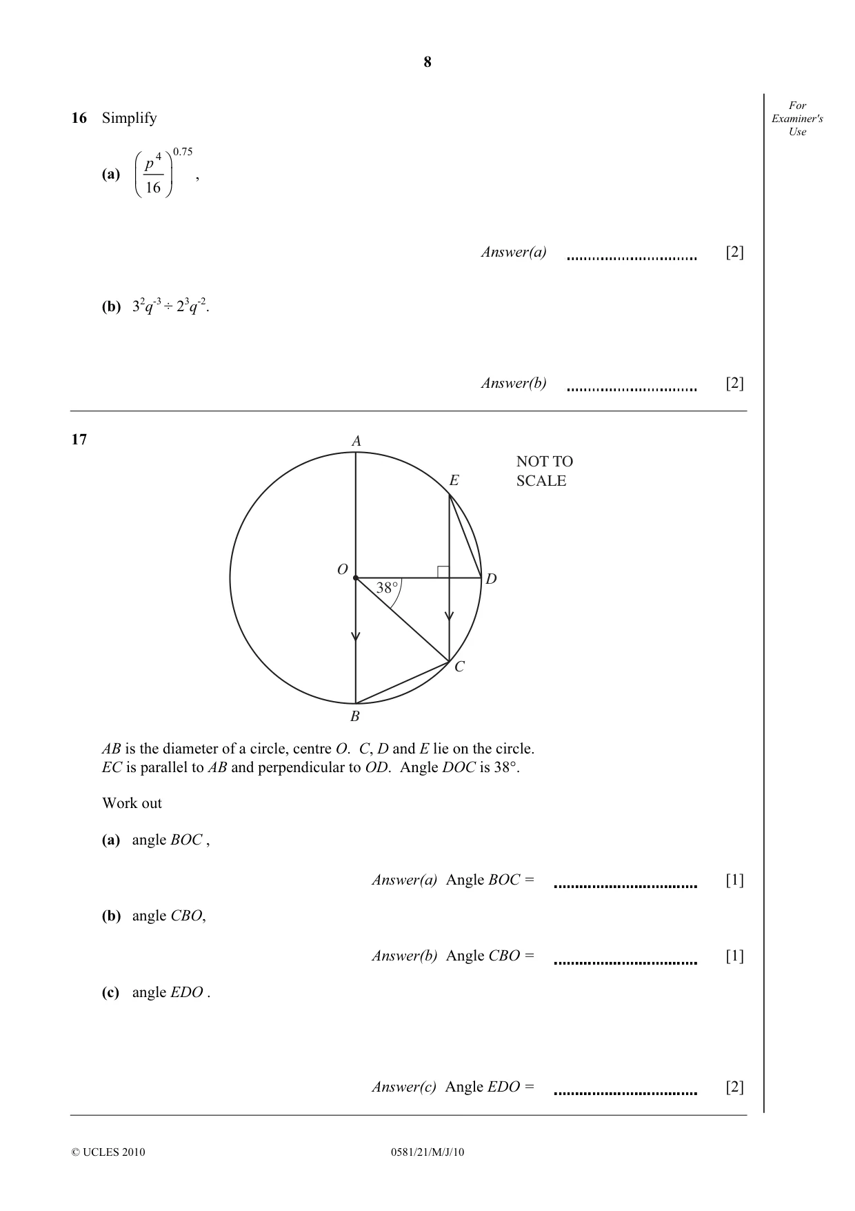 Cambridge IGCSE Mathematics (with coursework) 0581 2010 May/June Paper 2 · Variant 1 question paper, page 8 of 12
