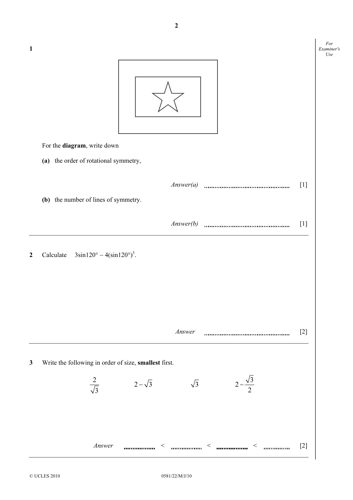 Cambridge IGCSE Mathematics (with coursework) 0581 2010 May/June Paper 2 · Variant 2 question paper, page 2 of 12