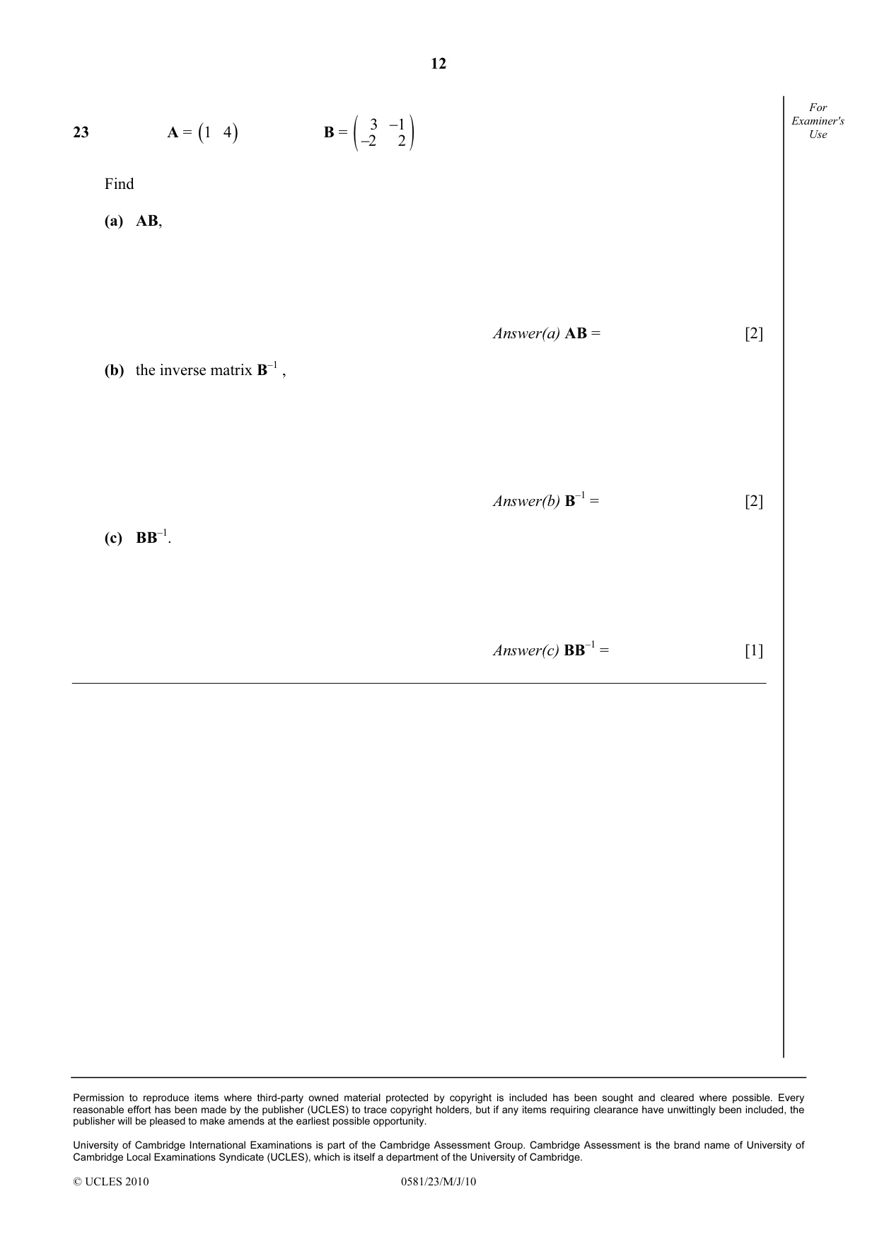 Cambridge IGCSE Mathematics (with coursework) 0581 2010 May/June Paper 2 · Variant 3 question paper, page 12 of 12