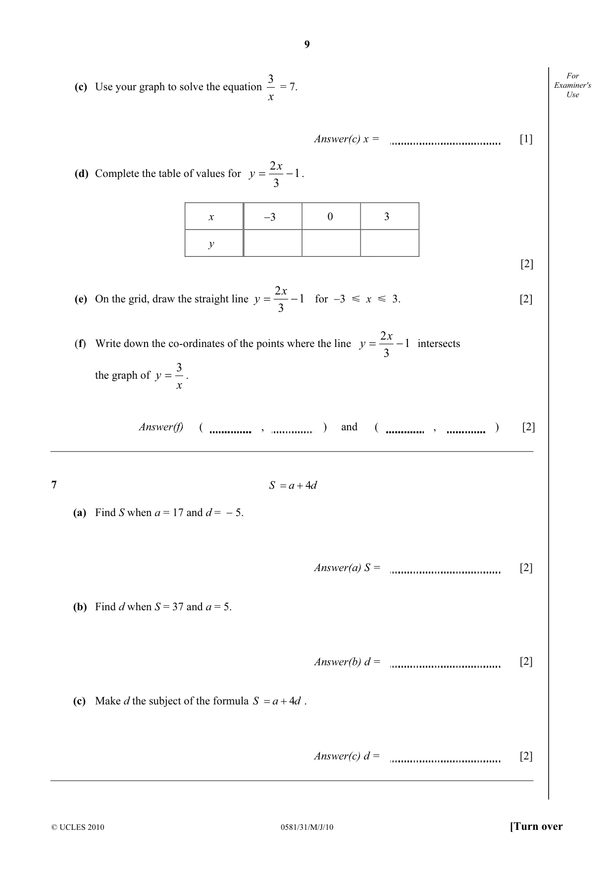 Cambridge IGCSE Mathematics (with coursework) 0581 2010 May/June Paper 3 · Variant 1 question paper, page 9 of 12