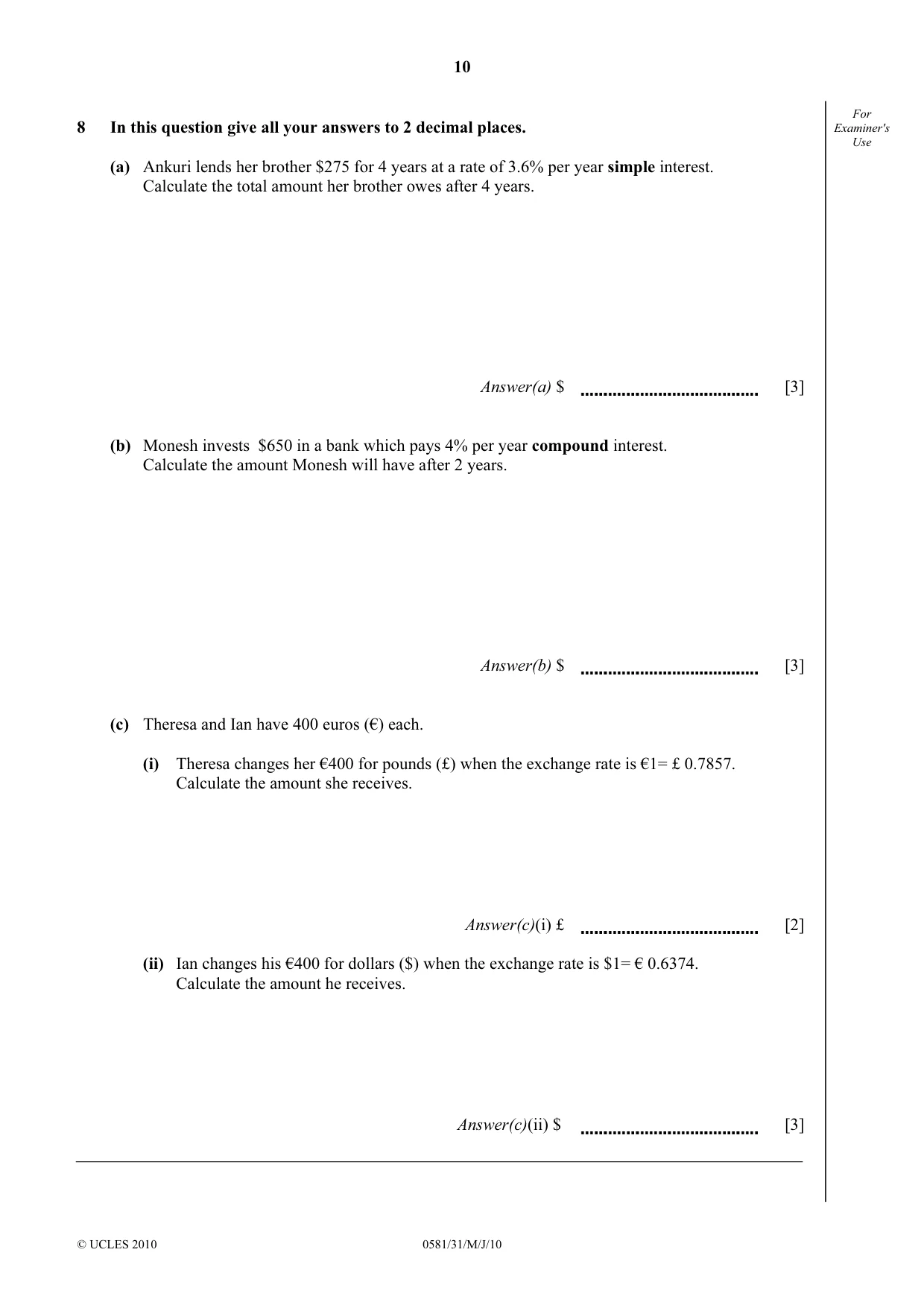Cambridge IGCSE Mathematics (with coursework) 0581 2010 May/June Paper 3 · Variant 1 question paper, page 10 of 12