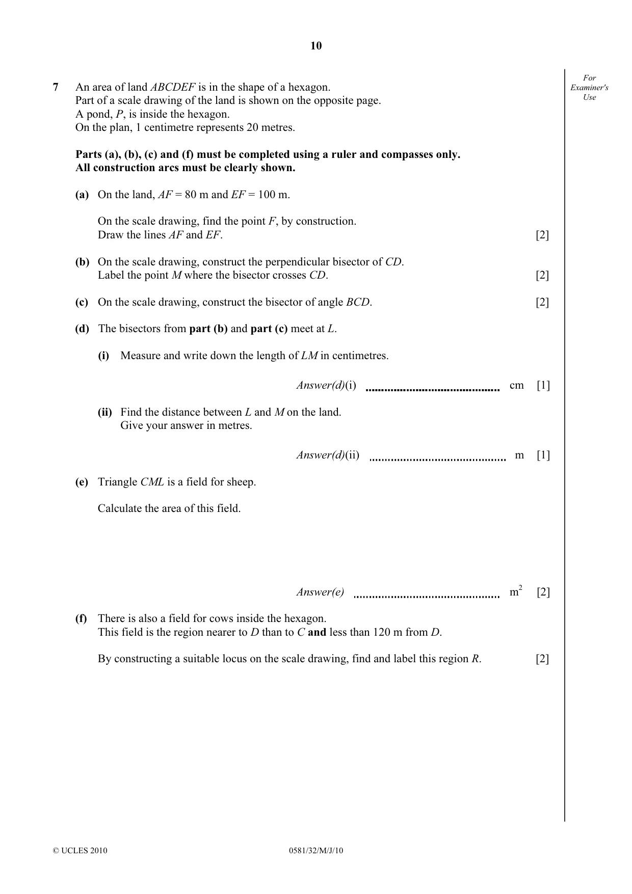 Cambridge IGCSE Mathematics (with coursework) 0581 2010 May/June Paper 3 · Variant 2 question paper, page 10 of 16