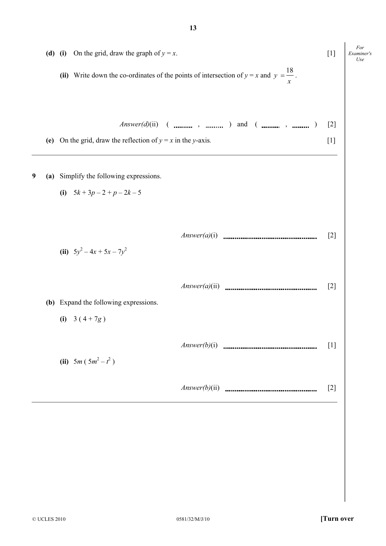 Cambridge IGCSE Mathematics (with coursework) 0581 2010 May/June Paper 3 · Variant 2 question paper, page 13 of 16