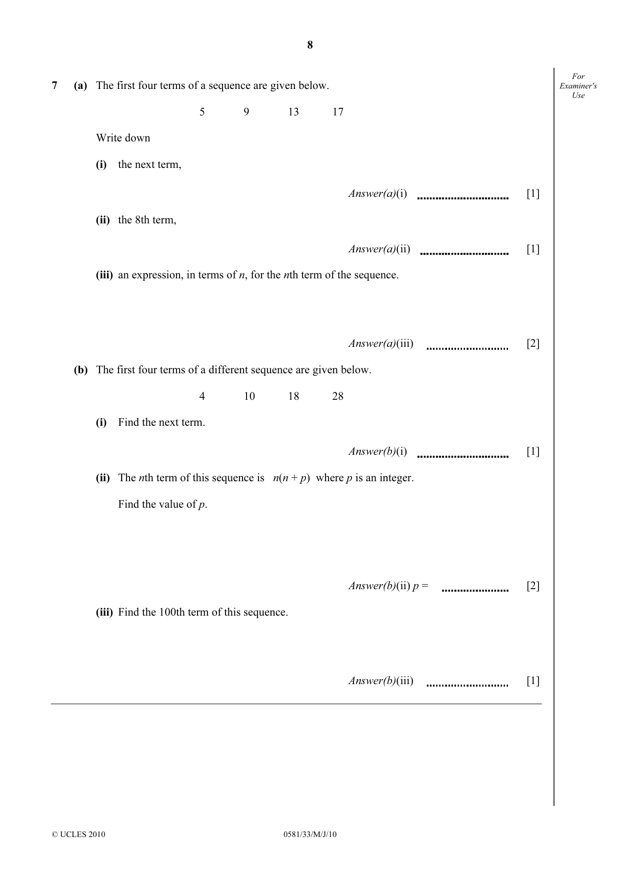 Cambridge IGCSE Mathematics (with coursework) 0581 2010 May/June Paper 3 · Variant 3 question paper, page 8 of 12