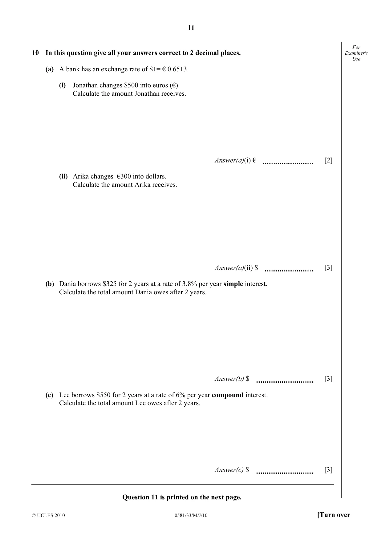 Cambridge IGCSE Mathematics (with coursework) 0581 2010 May/June Paper 3 · Variant 3 question paper, page 11 of 12