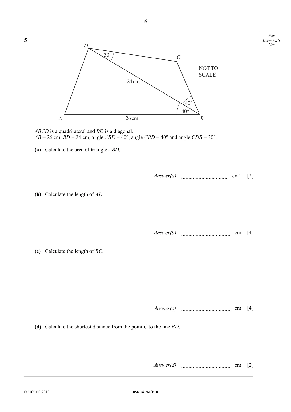 Cambridge IGCSE Mathematics (with coursework) 0581 2010 May/June Paper 4 · Variant 1 question paper, page 8 of 20